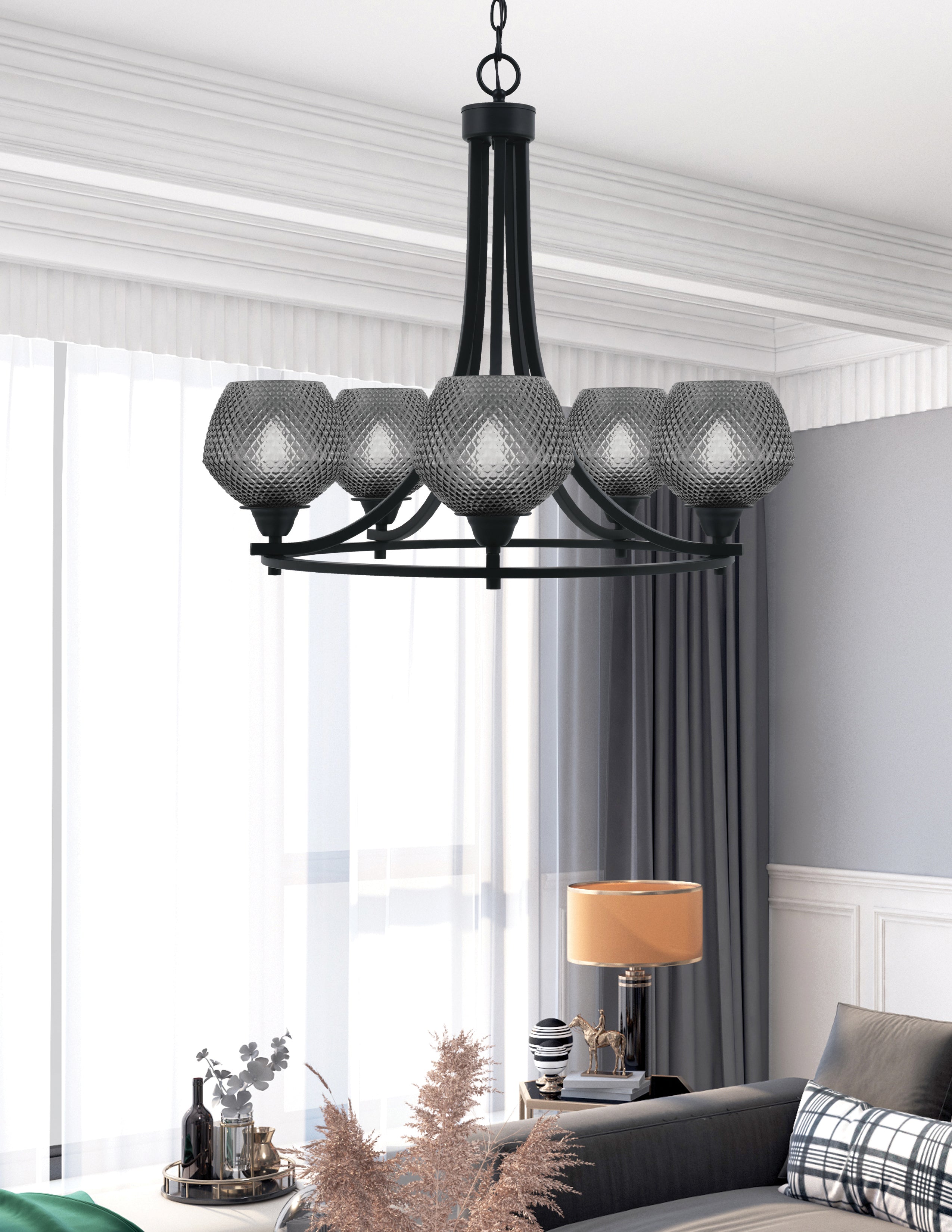Paramount Five Light Chandelier in Matte Black with Smoke Textured Shade
