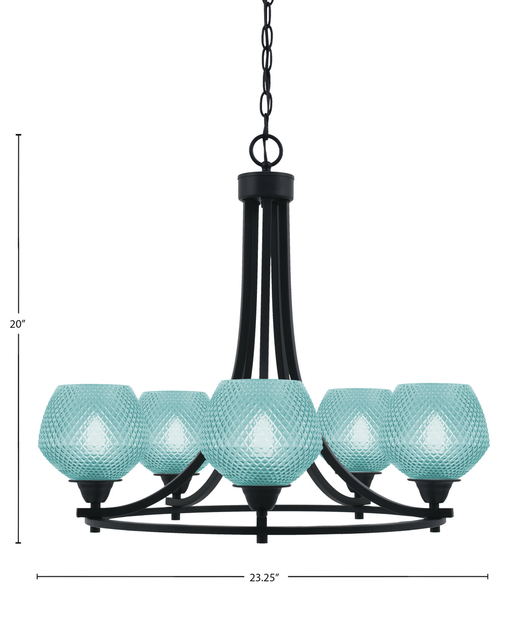 Paramount Five Light Chandelier in Matte Black with Turquoise Textured Shade