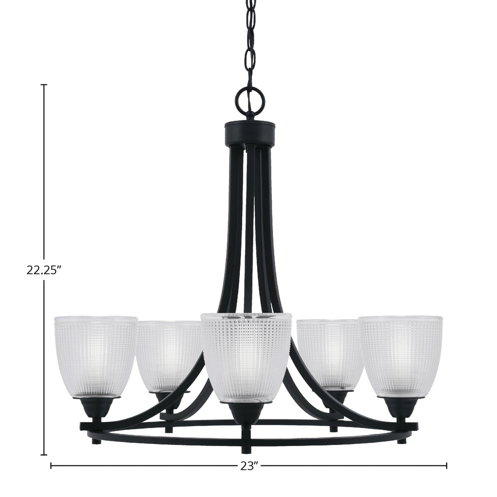 Paramount Five Light Chandelier in Matte Black with 5" Clear Ribbed Shade