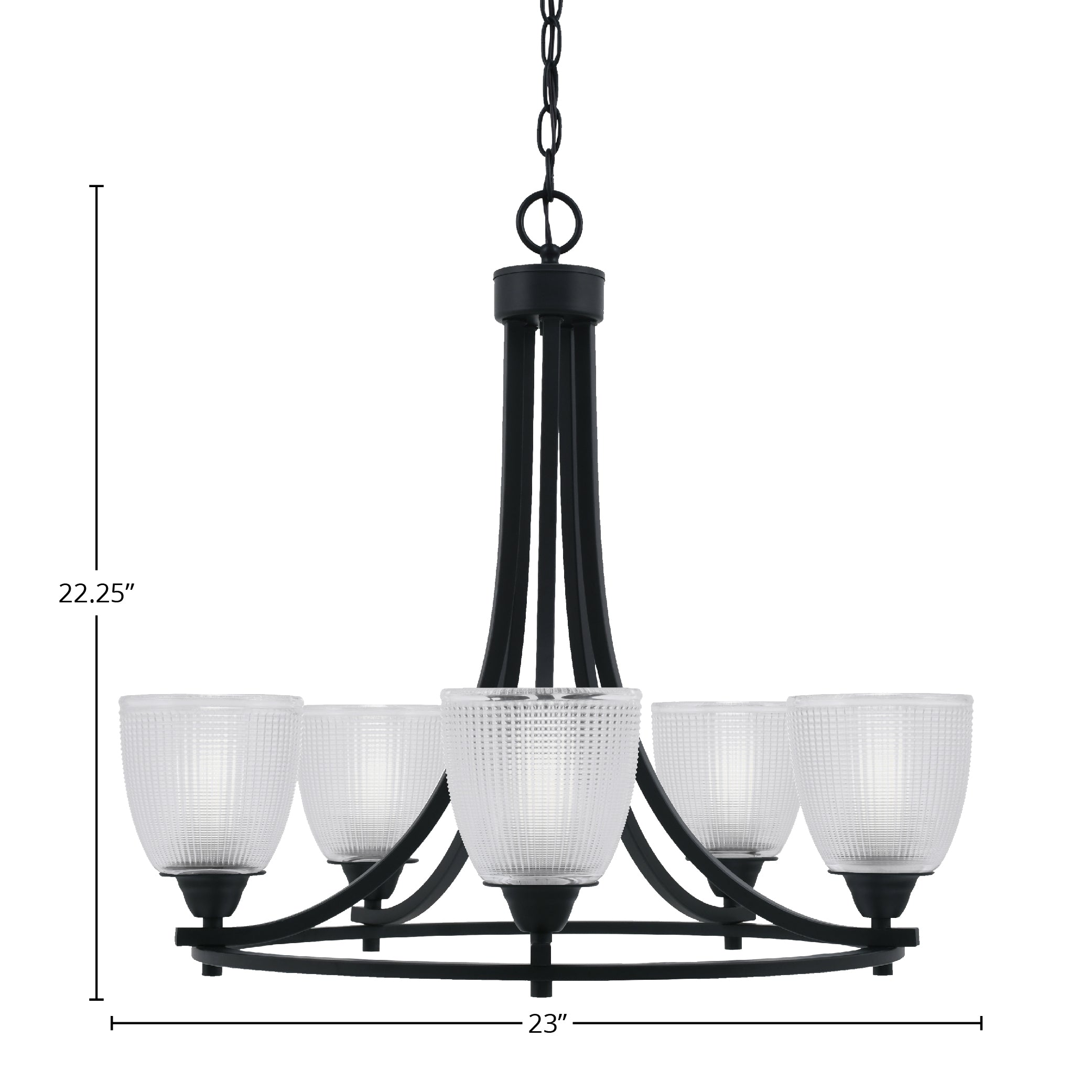 Paramount Five Light Chandelier in Matte Black with 5" Clear Ribbed Shade