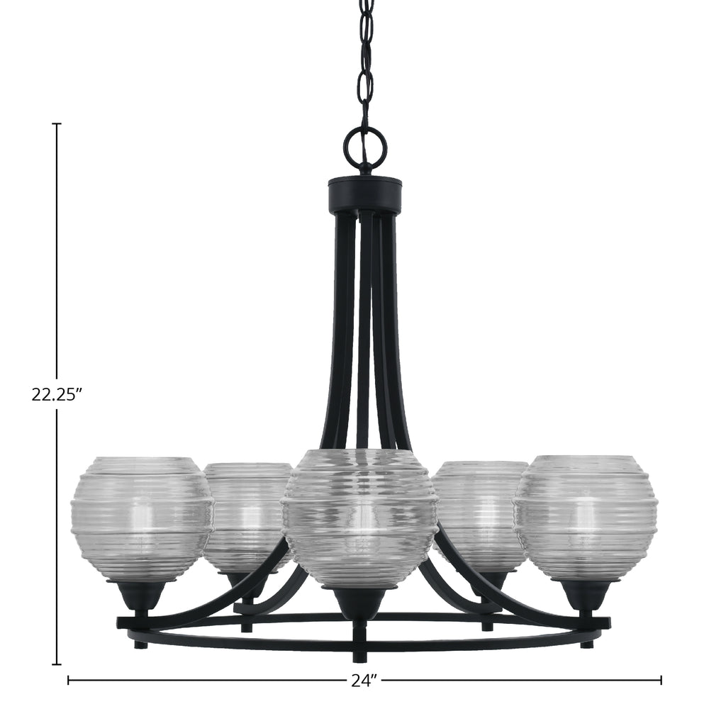 Paramount Five Light Chandelier in Matte Black with 6" Clear Ribbed Shade