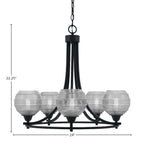Paramount Five Light Chandelier in Matte Black with 6" Clear Ribbed Shade
