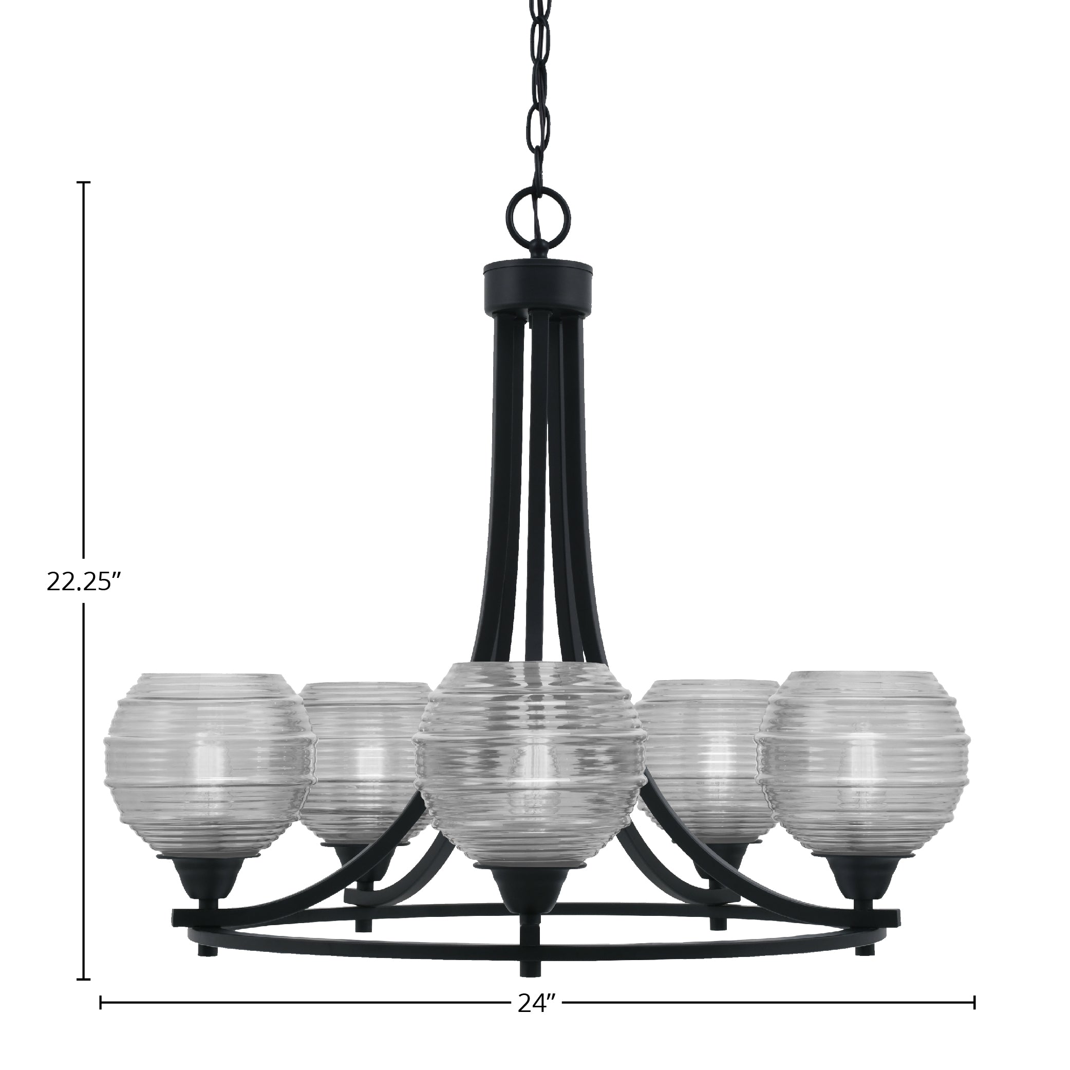 Paramount Five Light Chandelier in Matte Black with 6" Clear Ribbed Shade
