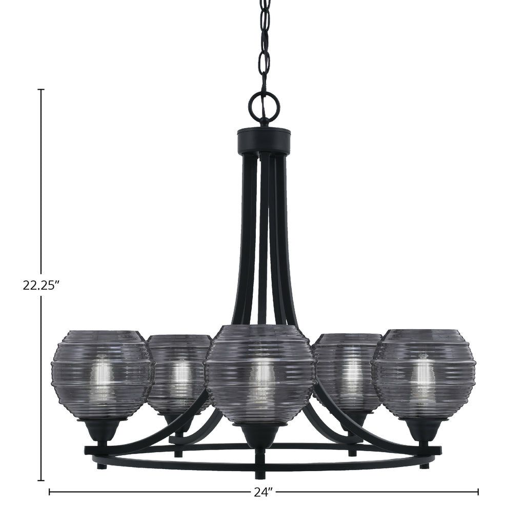 Paramount Five Light Chandelier in Matte Black with 6" Smoke Ribbed Shade