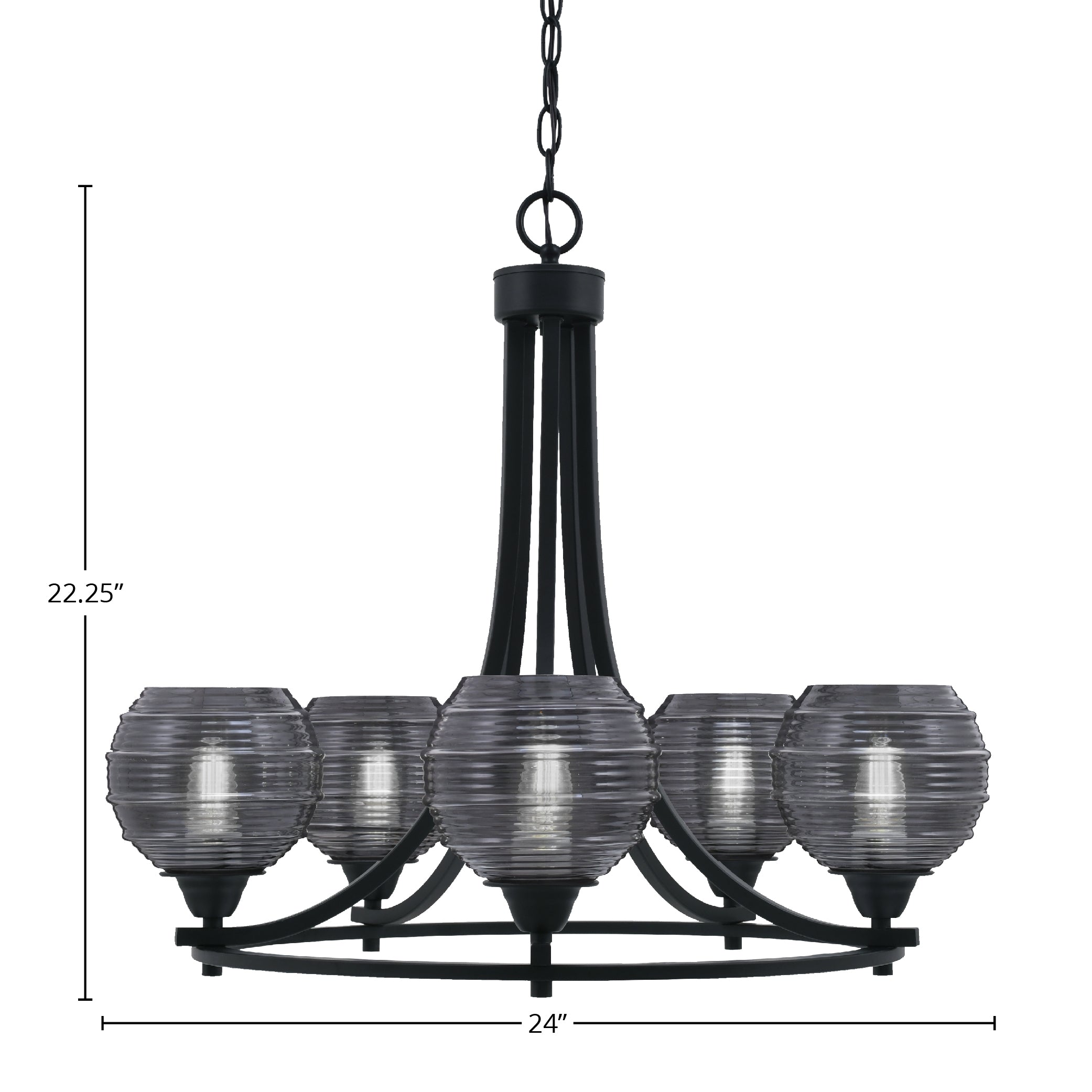 Paramount Five Light Chandelier in Matte Black with 6" Smoke Ribbed Shade