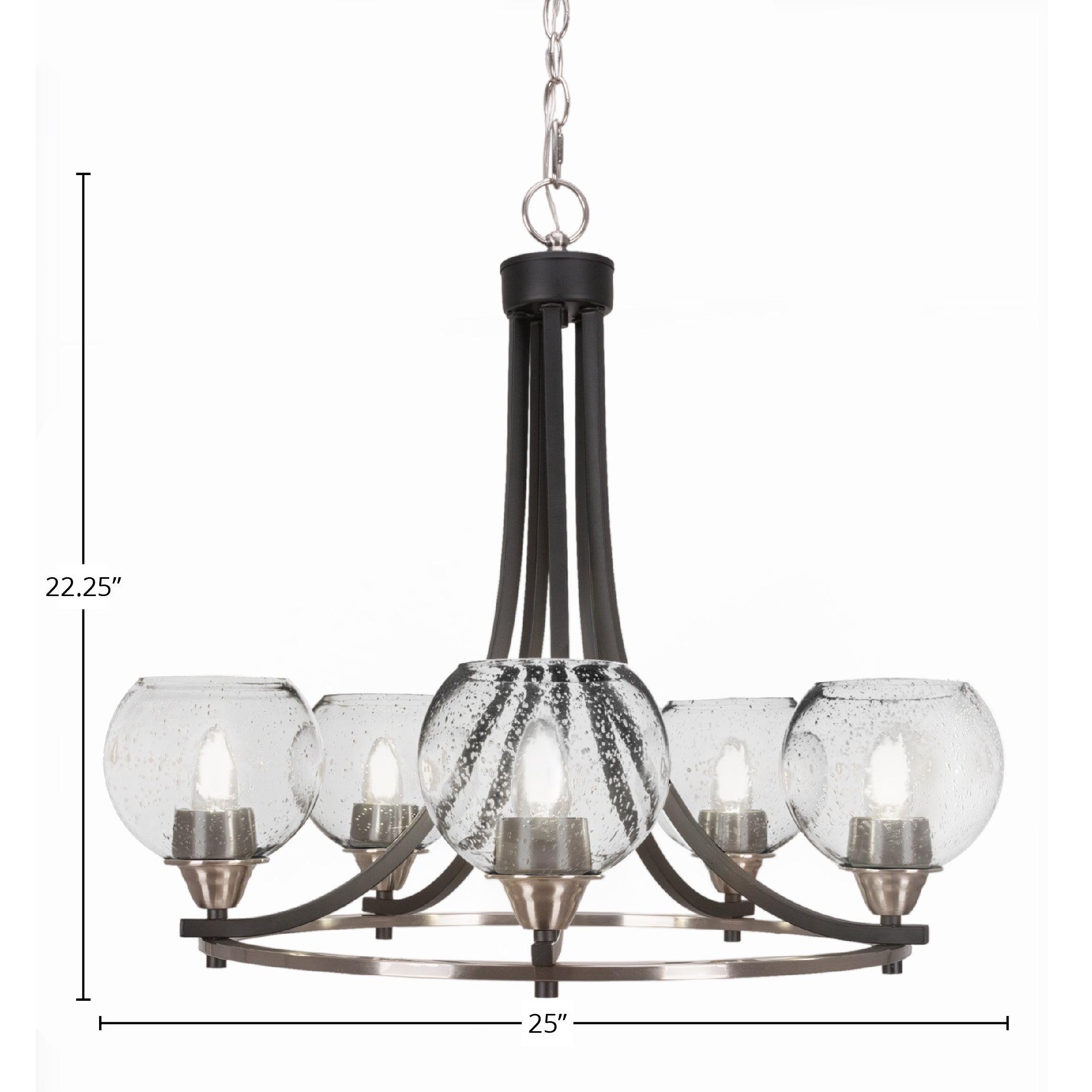 Paramount Five Light Chandelier in Matte Black & Brushed Nickel with 7" Clear Bubble Shade
