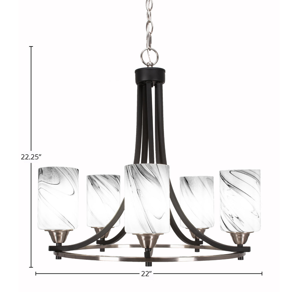 Paramount Five Light Chandelier in Matte Black & Brushed Nickel with 4" Onyx Swirl Shade