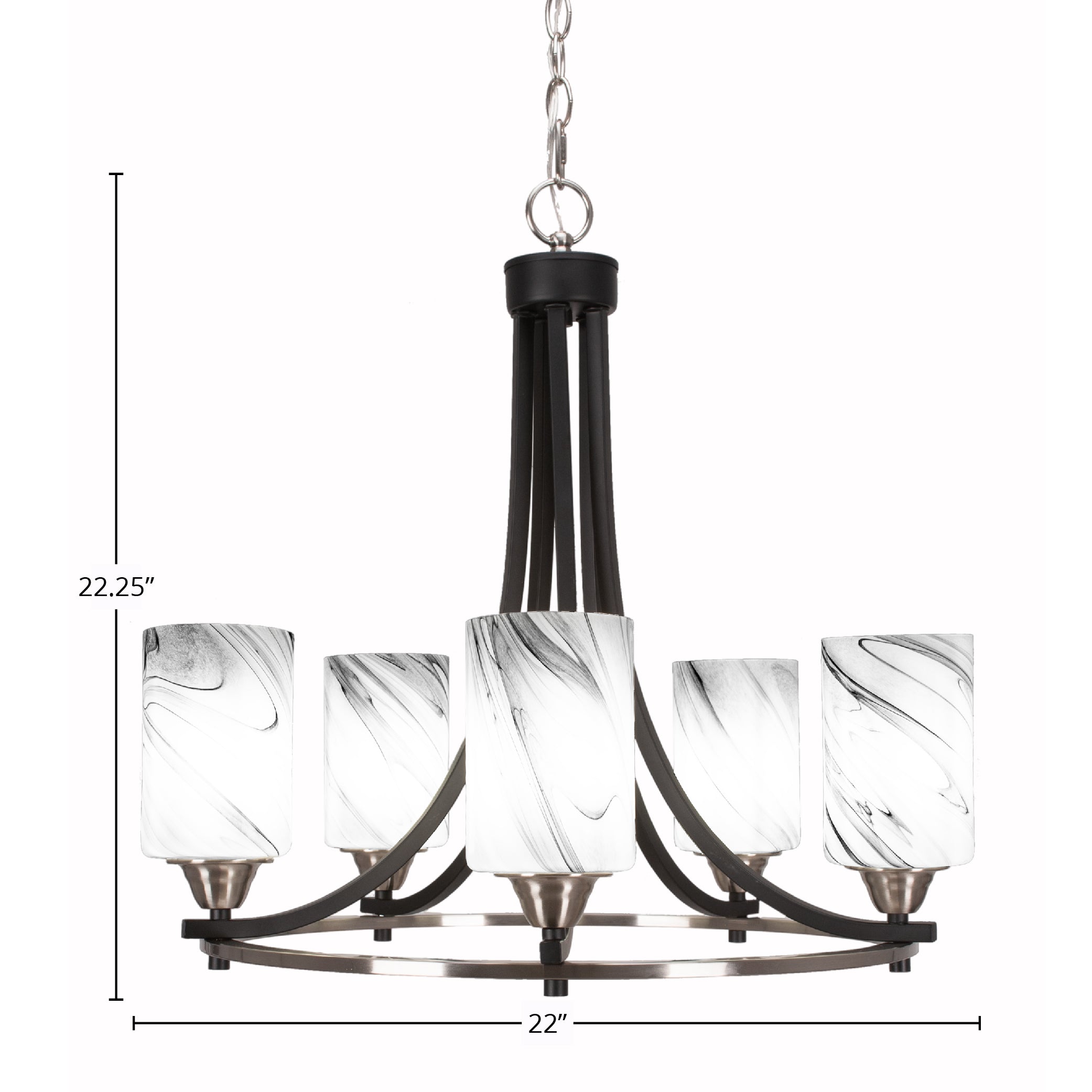 Paramount Five Light Chandelier in Matte Black & Brushed Nickel with 4" Onyx Swirl Shade