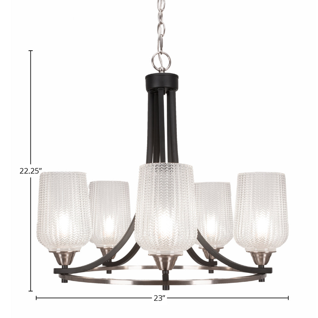 Paramount Five Light Chandelier in Matte Black & Brushed Nickel with 5" Clear Textured Shade