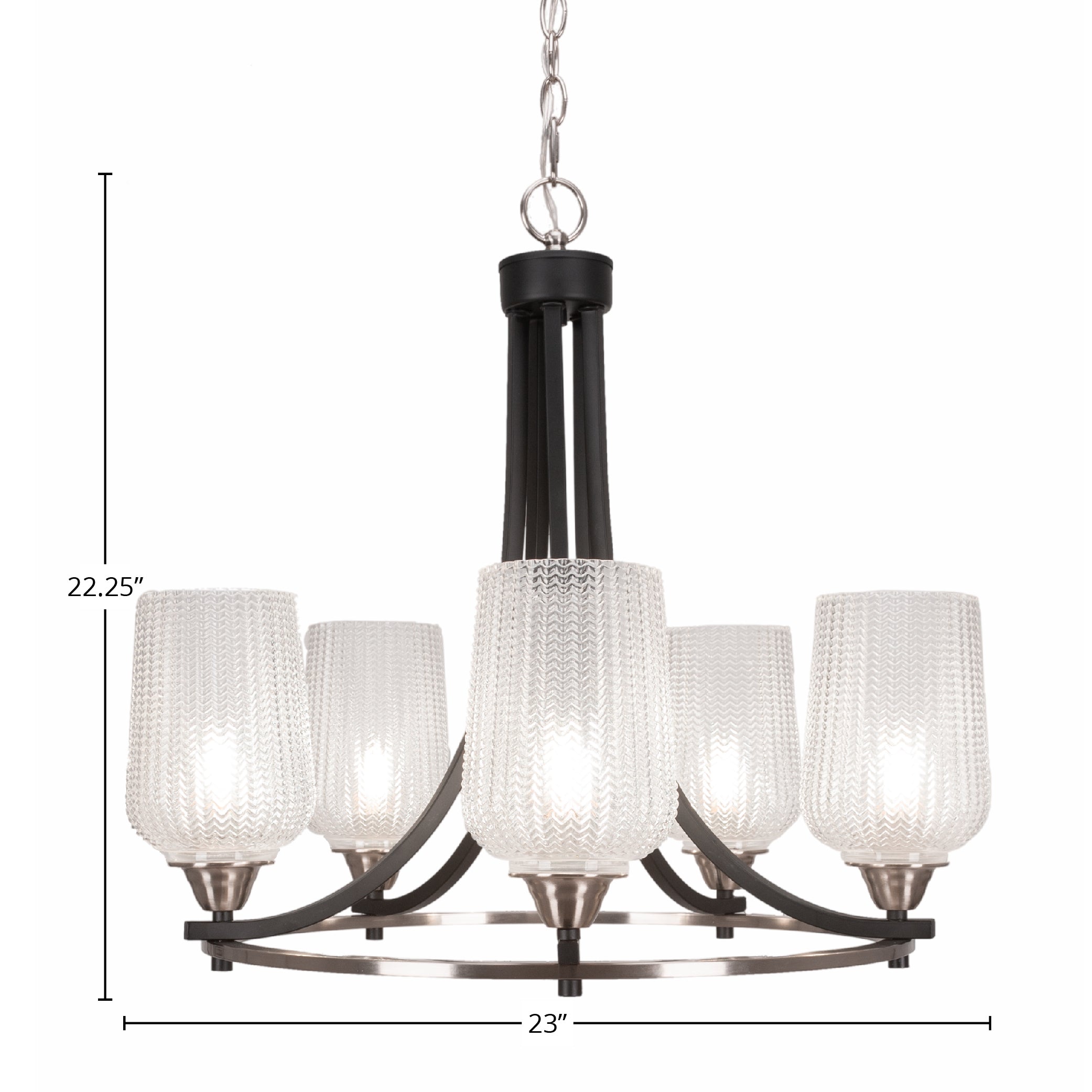 Paramount Five Light Chandelier in Matte Black & Brushed Nickel with 5" Clear Textured Shade