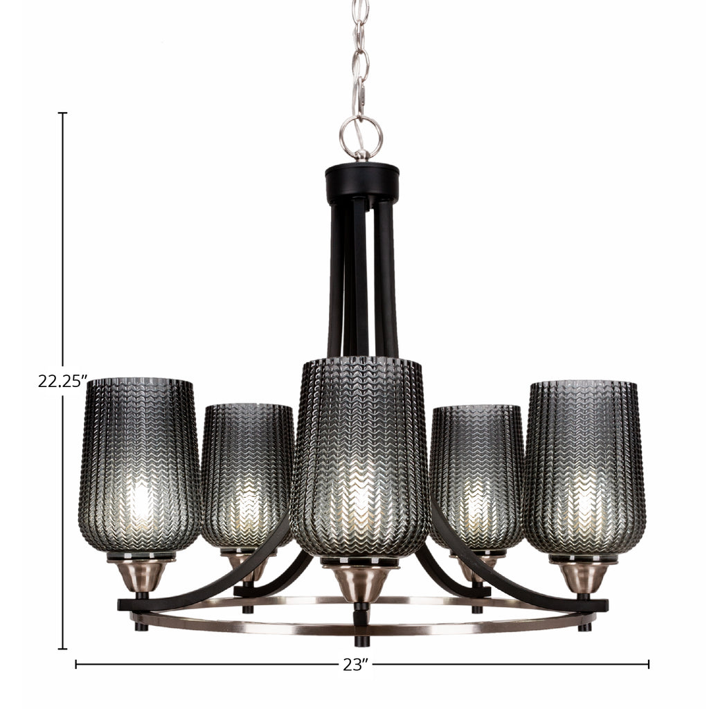 Paramount Five Light Chandelier in Matte Black & Brushed Nickel with 5" Smoke Textured Shade
