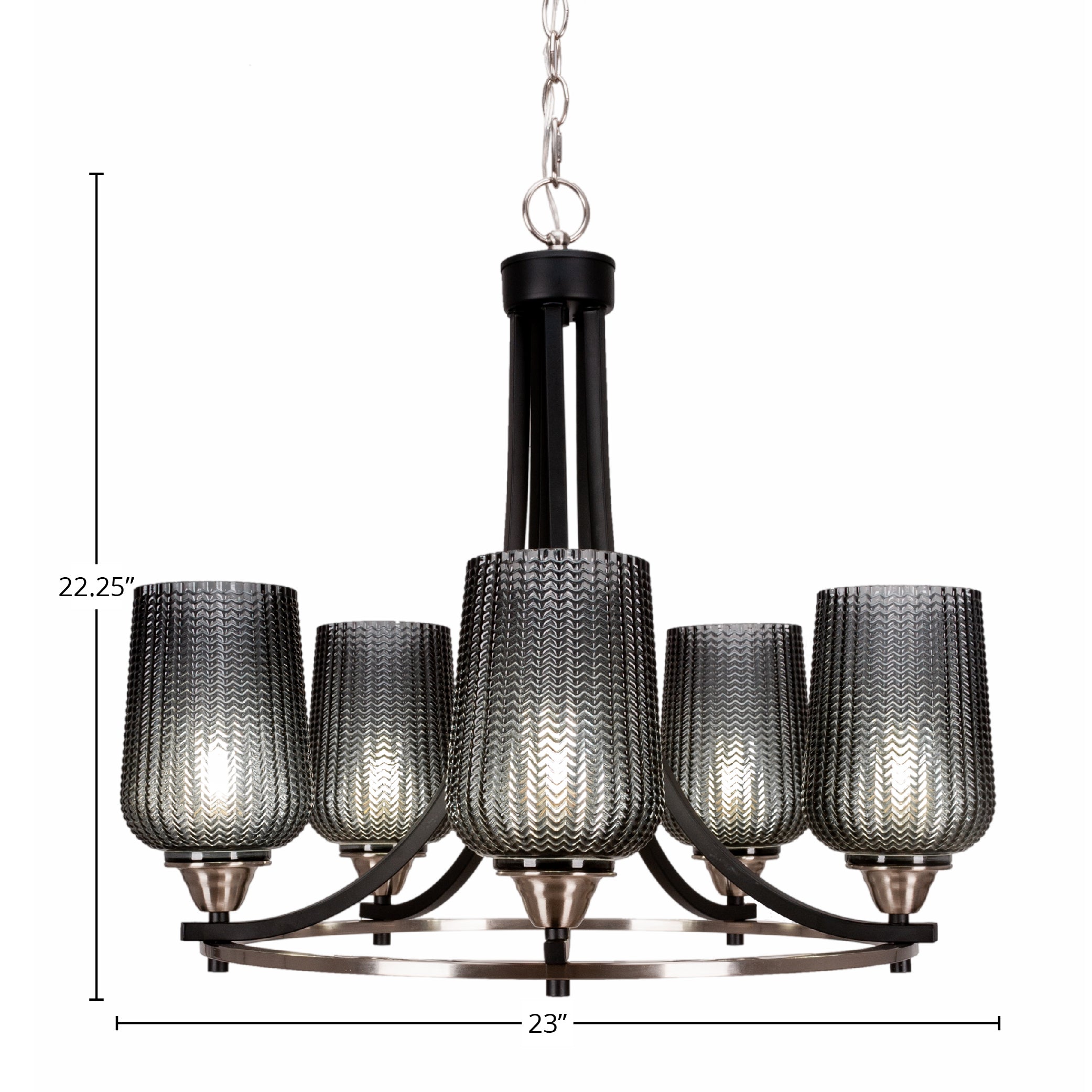 Paramount Five Light Chandelier in Matte Black & Brushed Nickel with 5" Smoke Textured Shade