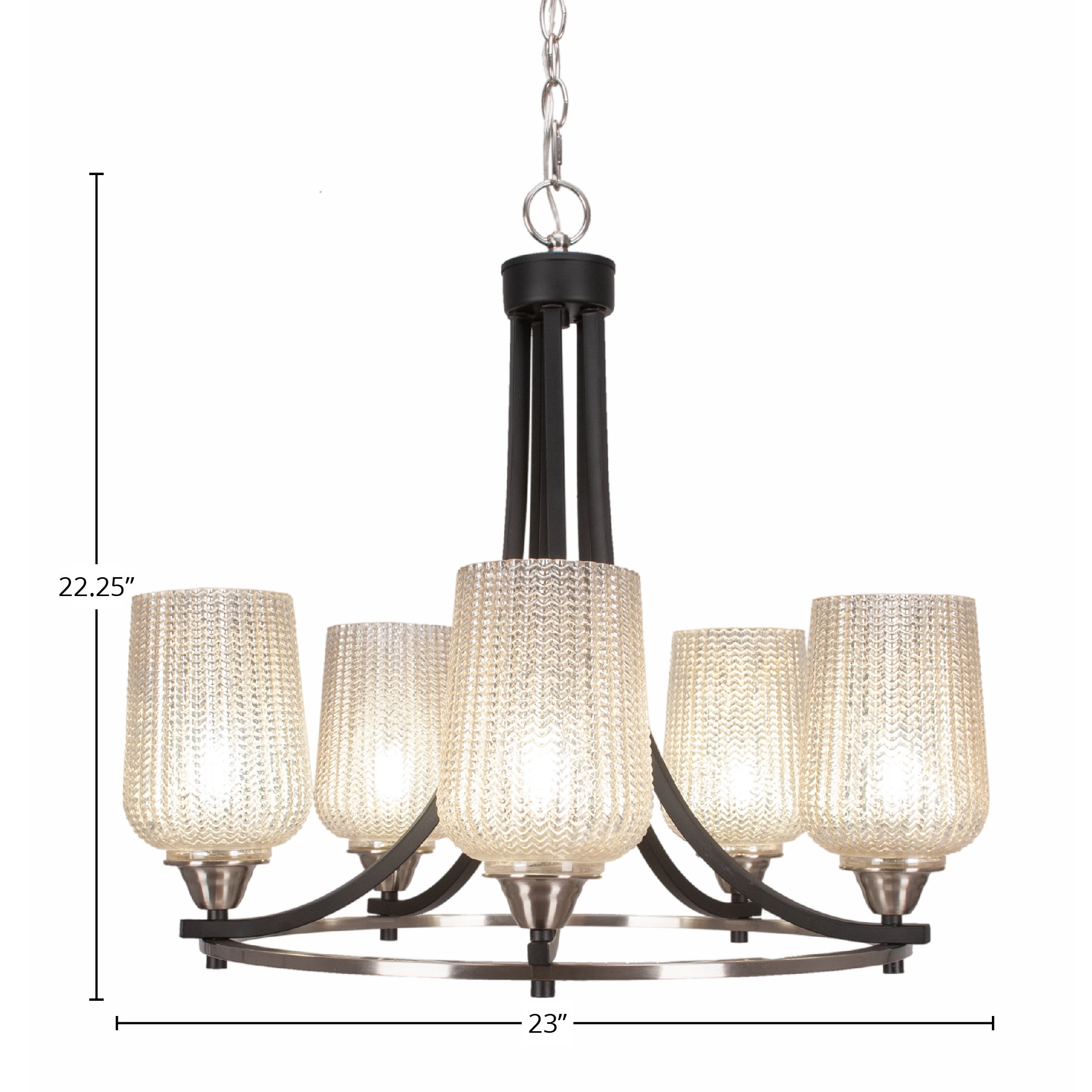 Paramount Five Light Chandelier in Matte Black & Brushed Nickel with 5" Silver Textured Shade