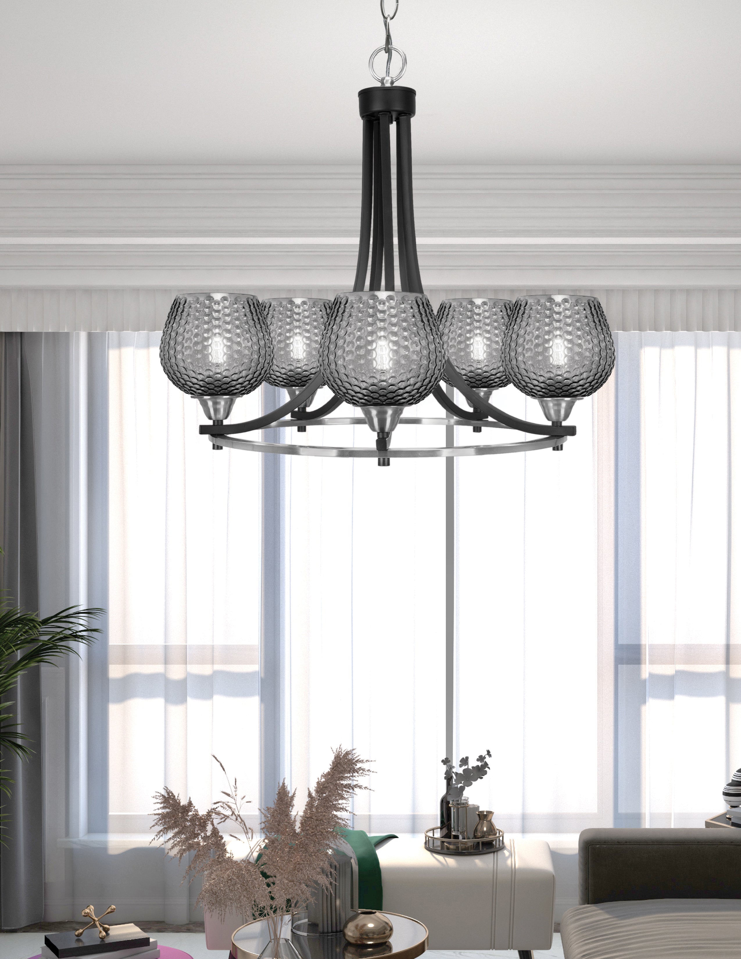 Paramount Five Light Chandelier in Matte Black & Brushed Nickel with Smoke Textured Shade