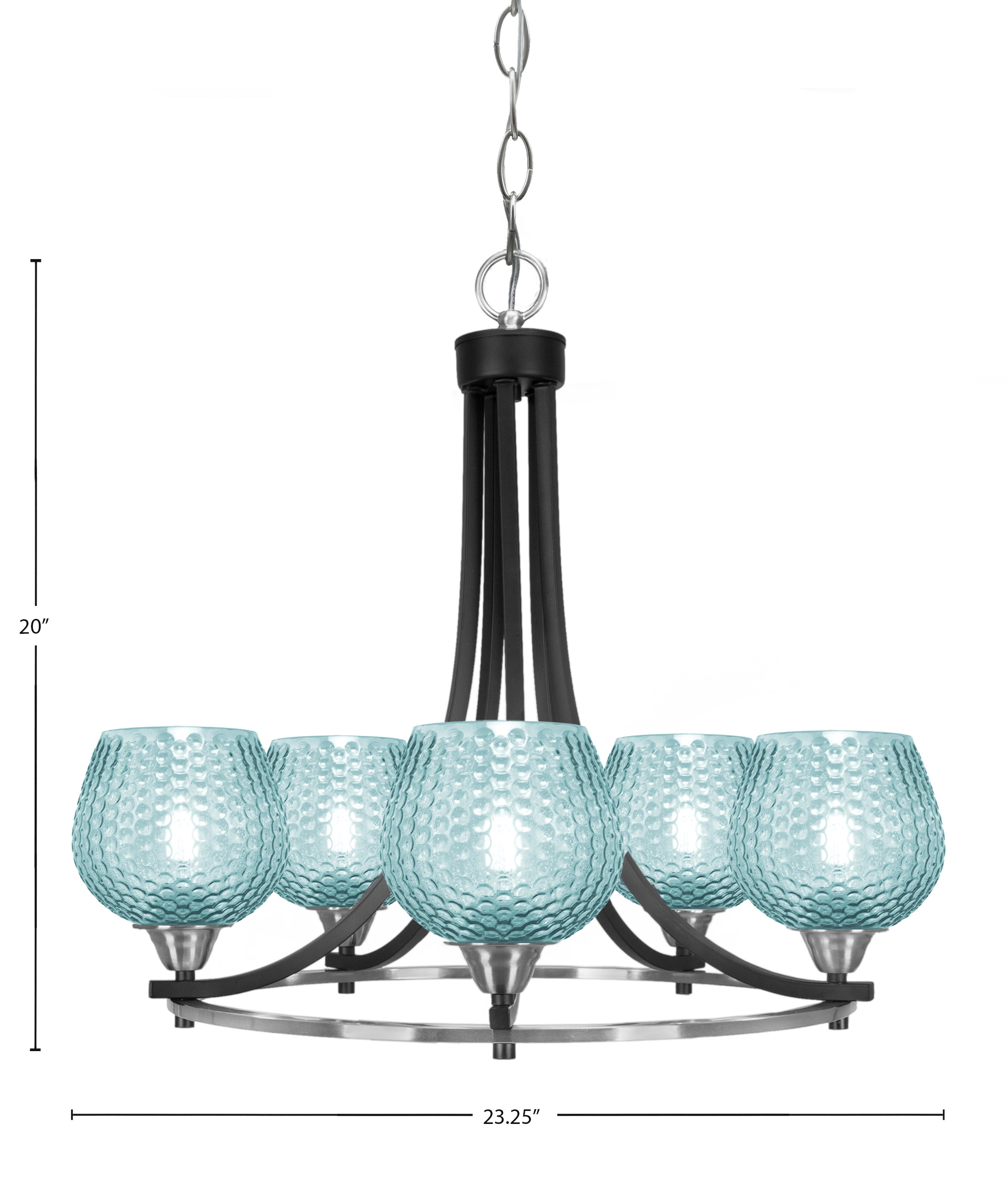 Paramount Five Light Chandelier in Matte Black & Brushed Nickel with Turquoise Textured Shade