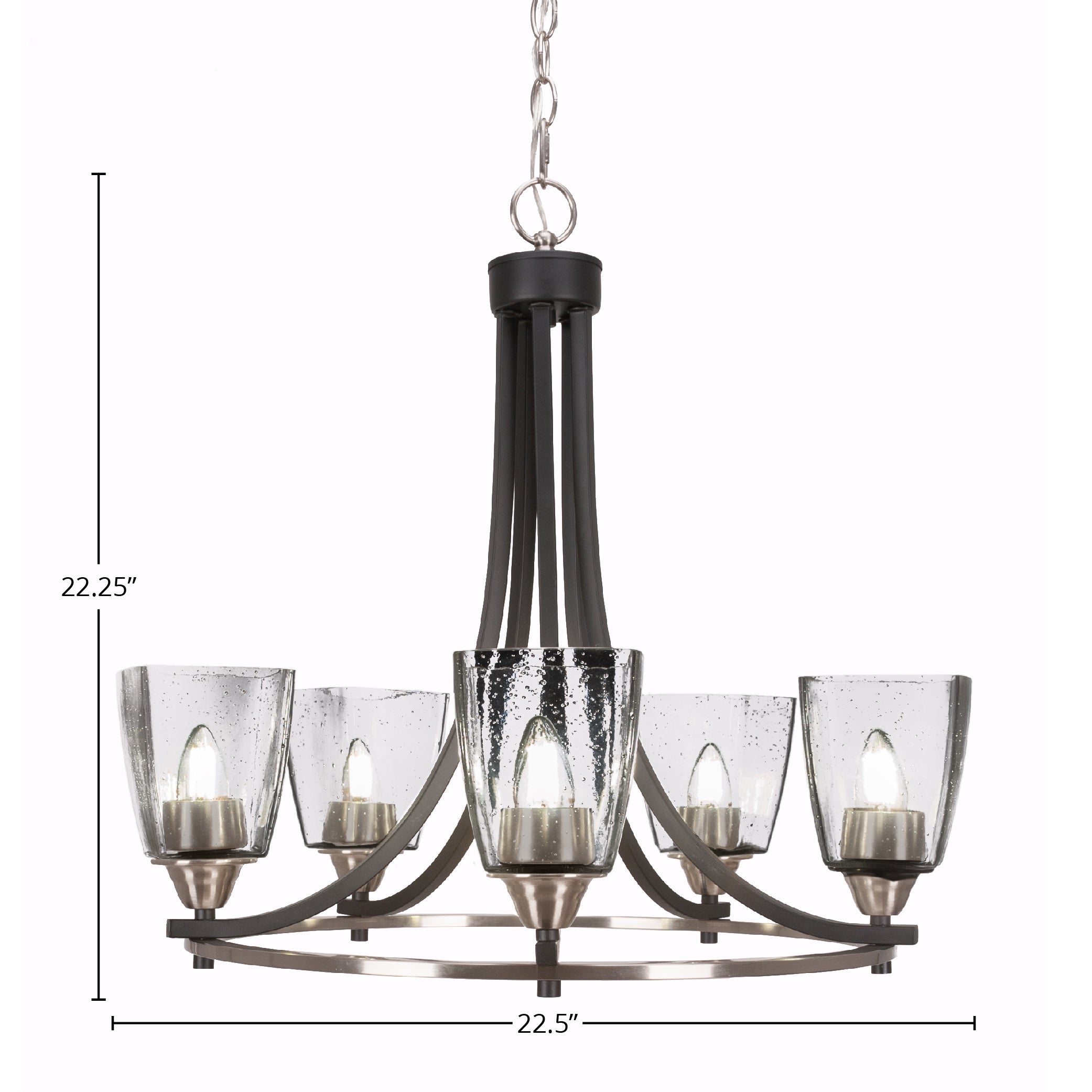 Paramount Five Light Chandelier in Matte Black & Brushed Nickel with 4.5" Square Clear Bubble Shade