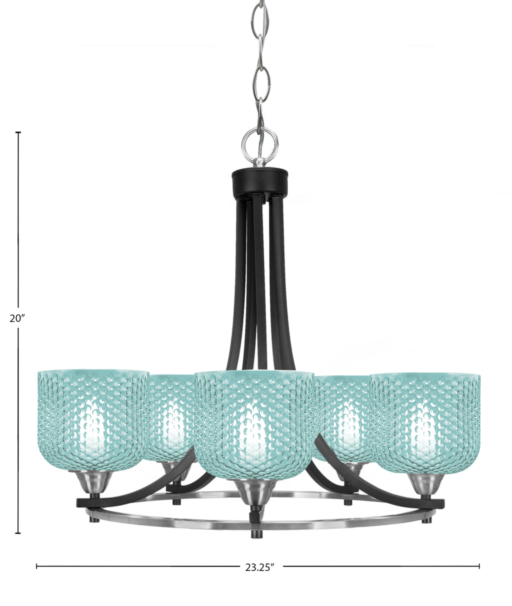 Paramount Five Light Chandelier in Matte Black & Brushed Nickel with Turquoise Textured Shade