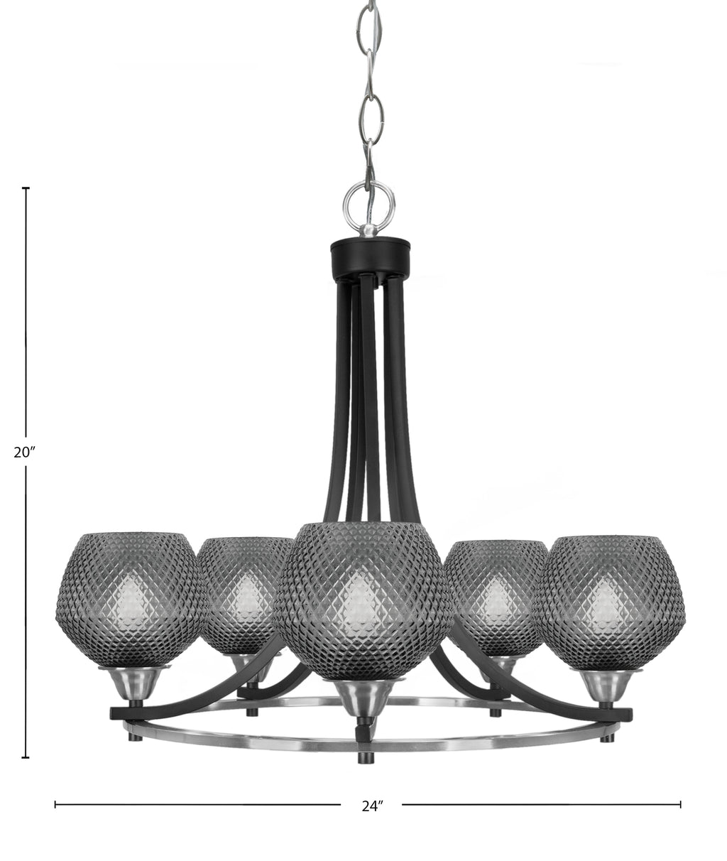 Paramount Five Light Chandelier in Matte Black & Brushed Nickel with Smoke Textured Shade