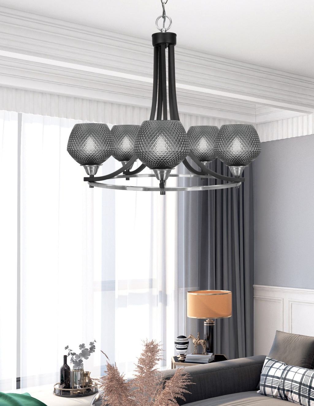 Paramount Five Light Chandelier in Matte Black & Brushed Nickel with Smoke Textured Shade