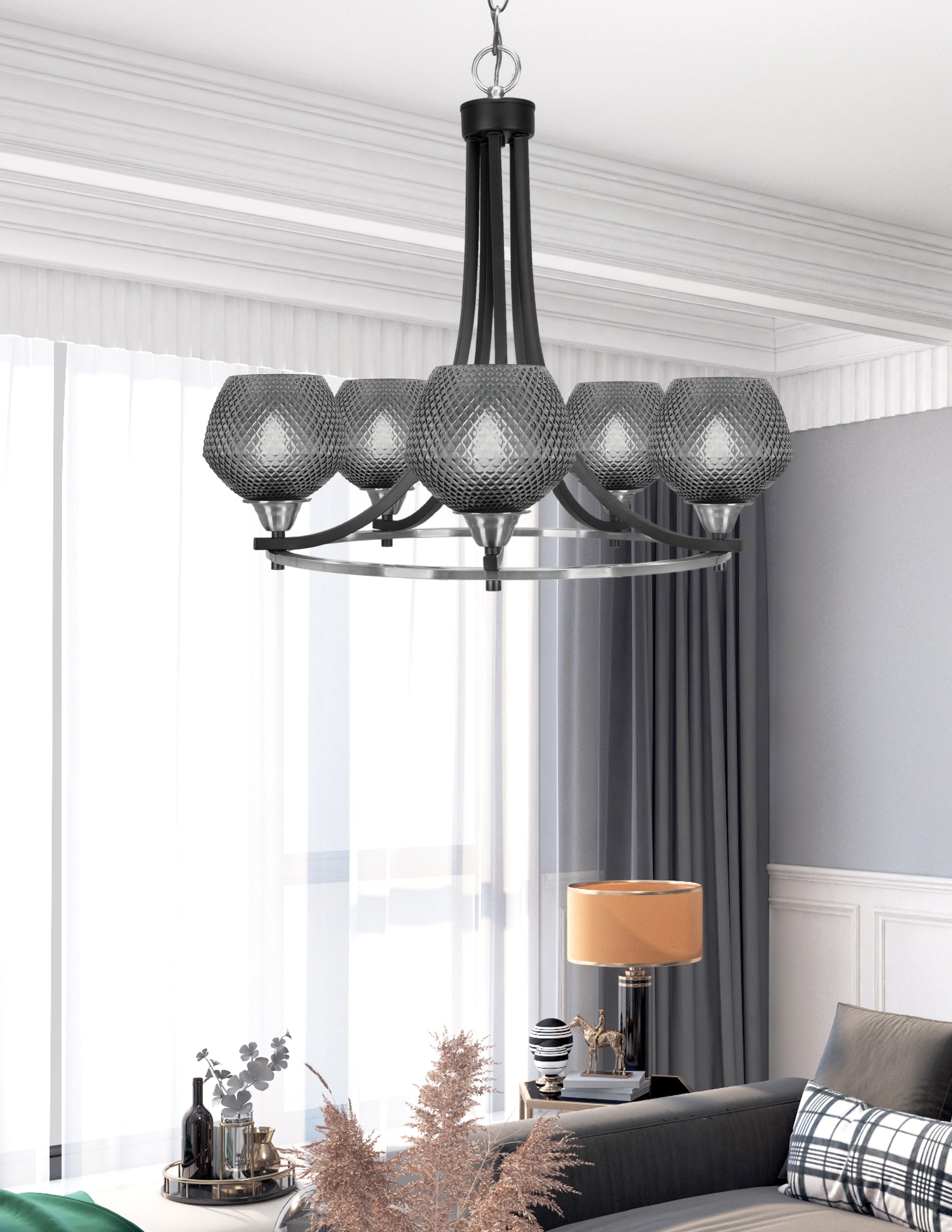 Paramount Five Light Chandelier in Matte Black & Brushed Nickel with Smoke Textured Shade