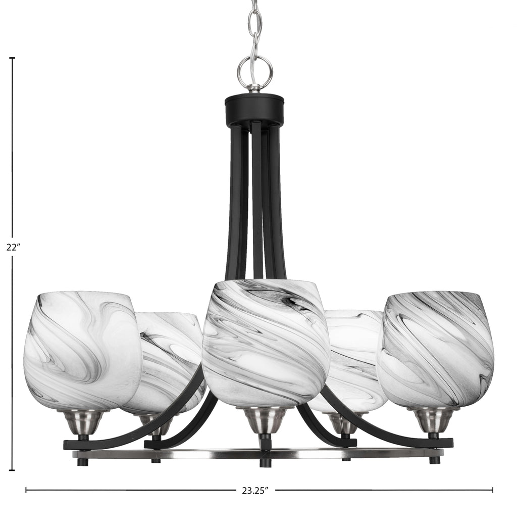 Paramount Five Light Chandelier in Matte Black & Brushed Nickel with 6" Onyx Swirl Shade