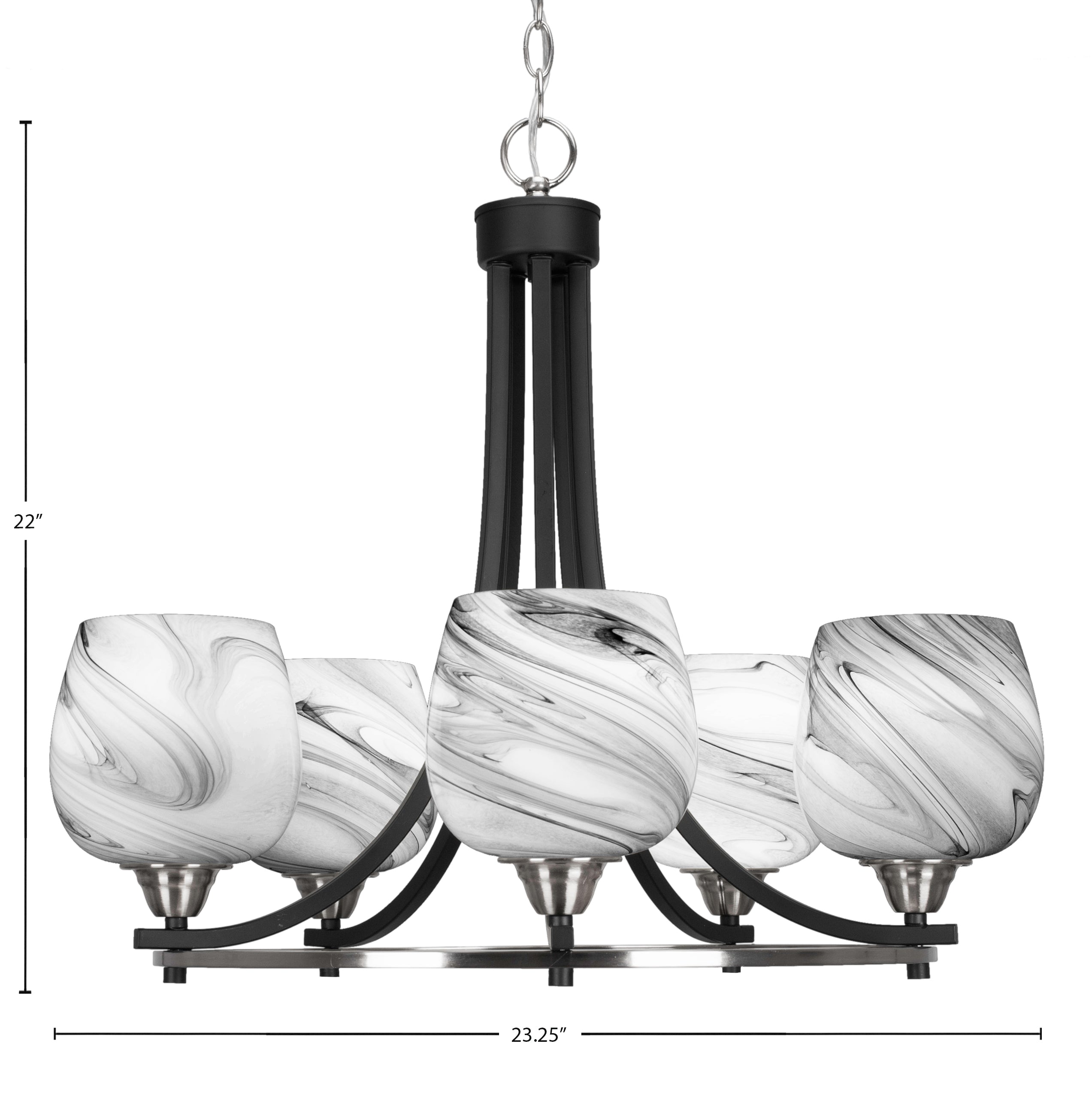 Paramount Five Light Chandelier in Matte Black & Brushed Nickel with 6" Onyx Swirl Shade