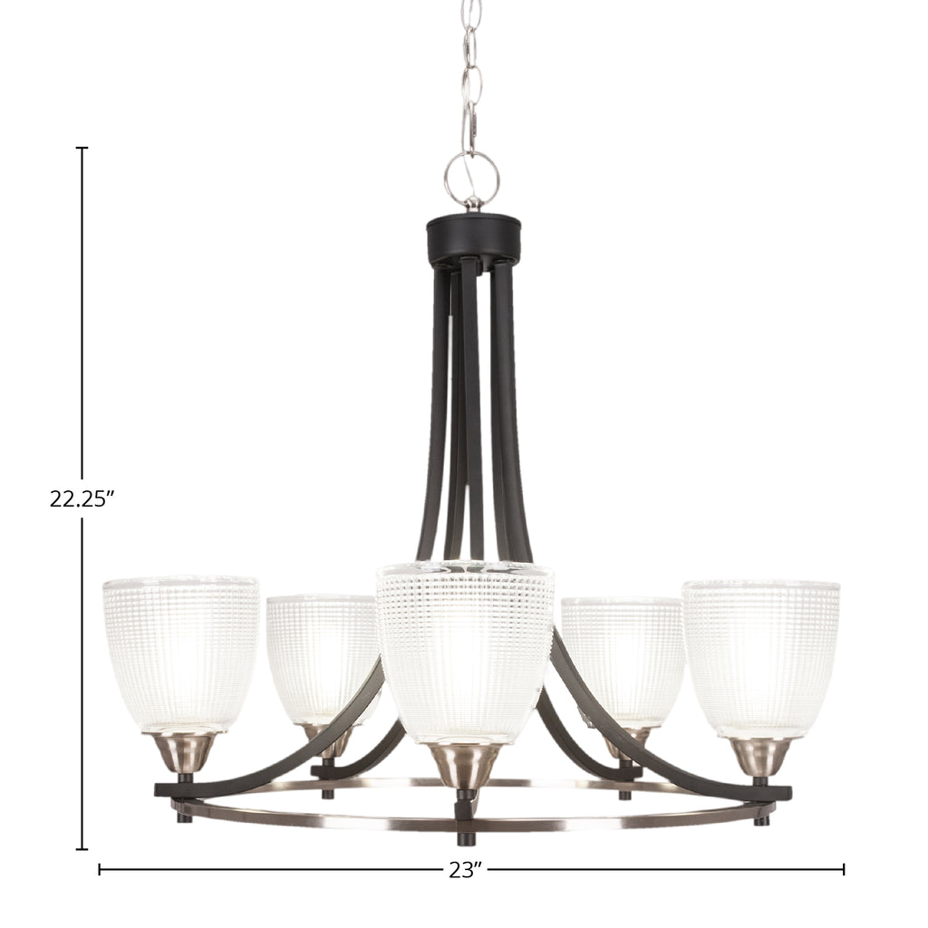 Paramount Five Light Chandelier in Matte Black & Brushed Nickel with 5" Clear Ribbed Shade
