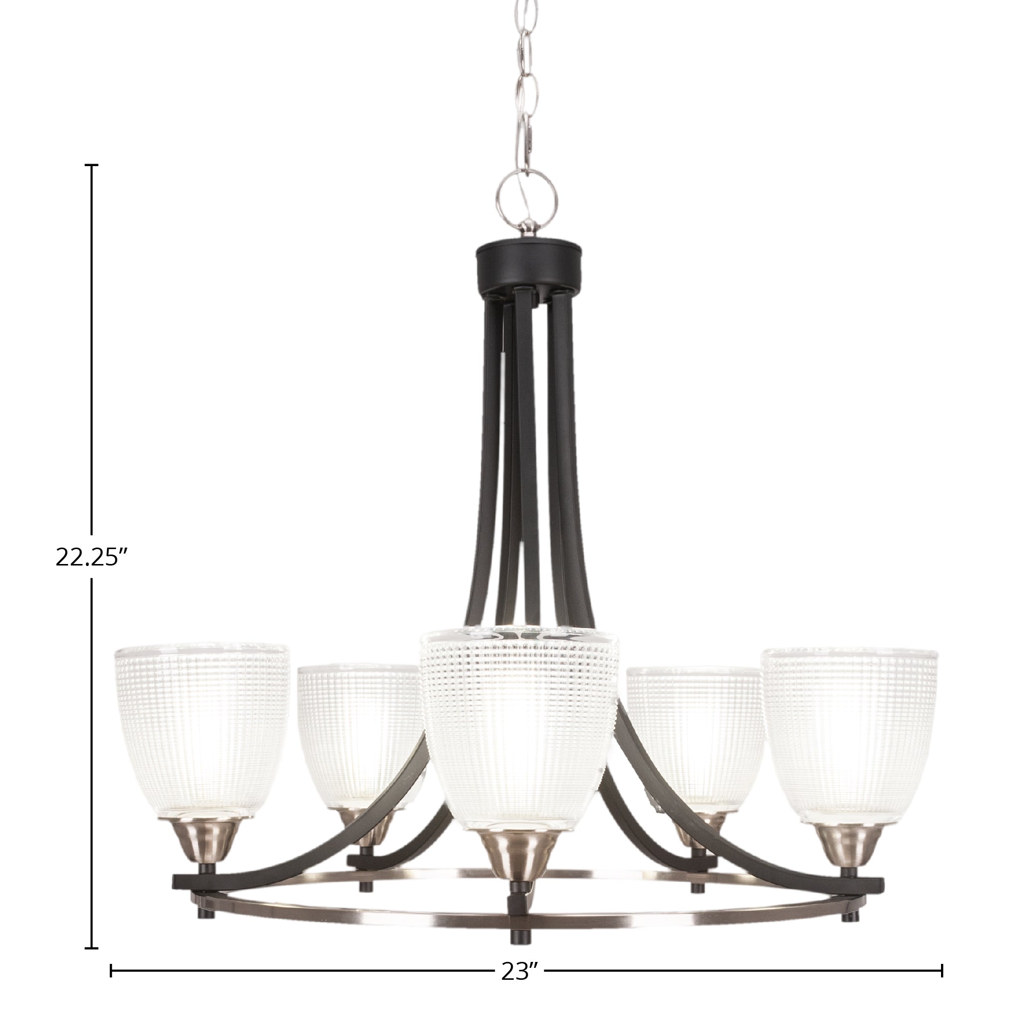 Paramount Five Light Chandelier in Matte Black & Brushed Nickel with 5" Clear Ribbed Shade