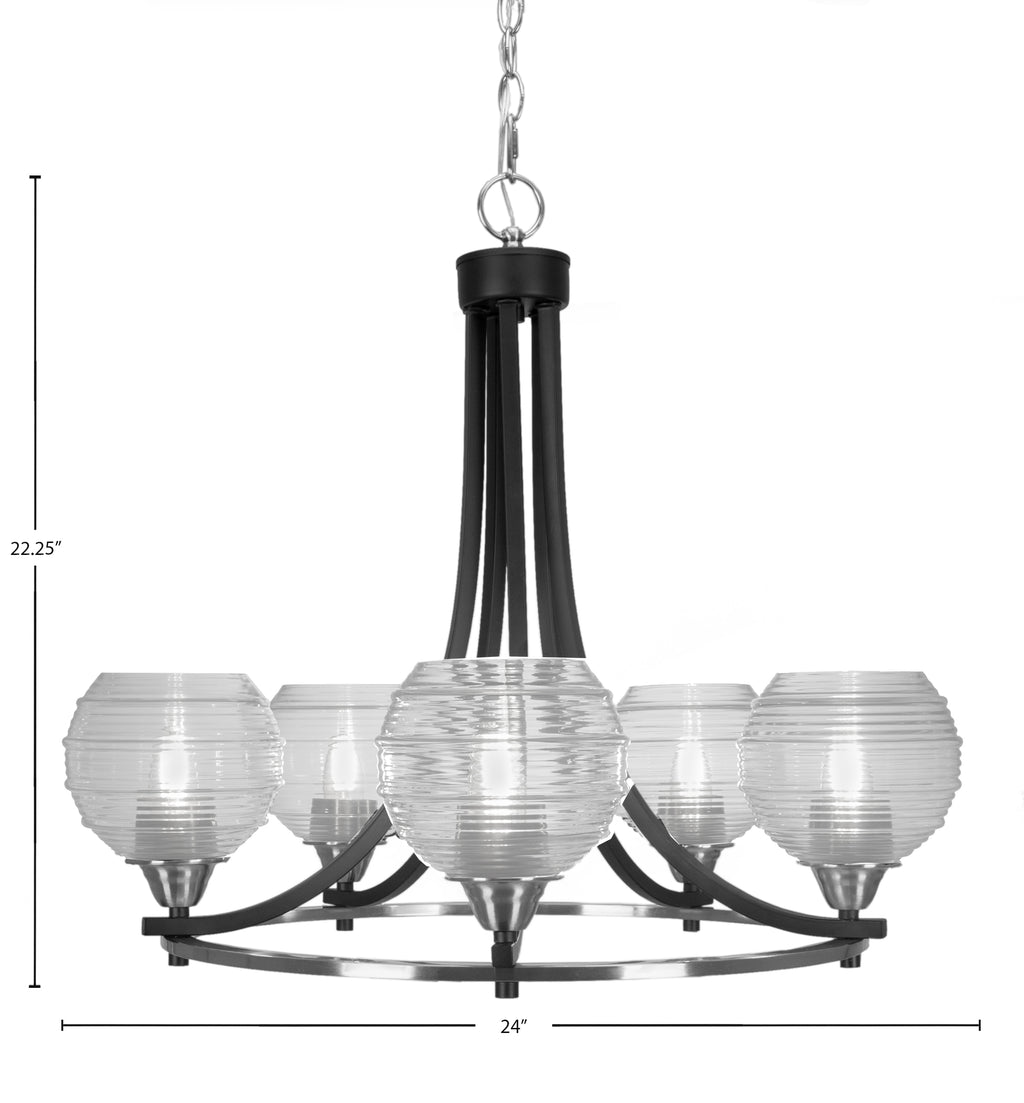 Paramount Five Light Chandelier in Matte Black & Brushed Nickel with 6" Clear Ribbed Shade