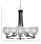 Paramount Five Light Chandelier in Matte Black & Brushed Nickel with 6" Clear Ribbed Shade