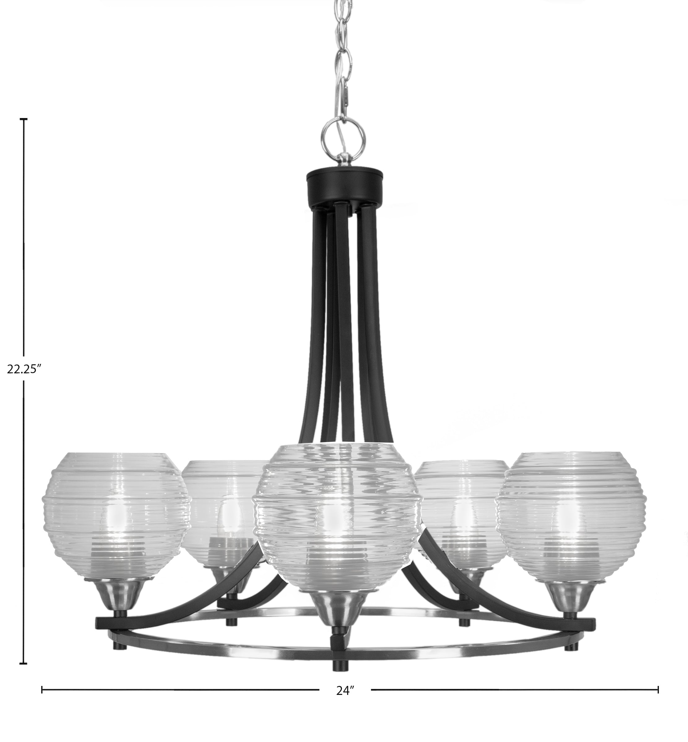 Paramount Five Light Chandelier in Matte Black & Brushed Nickel with 6" Clear Ribbed Shade