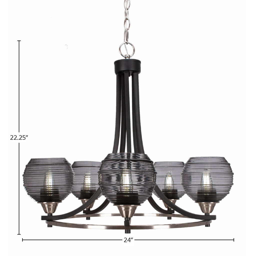 Paramount Five Light Chandelier in Matte Black & Brushed Nickel with 6" Smoke Ribbed Shade