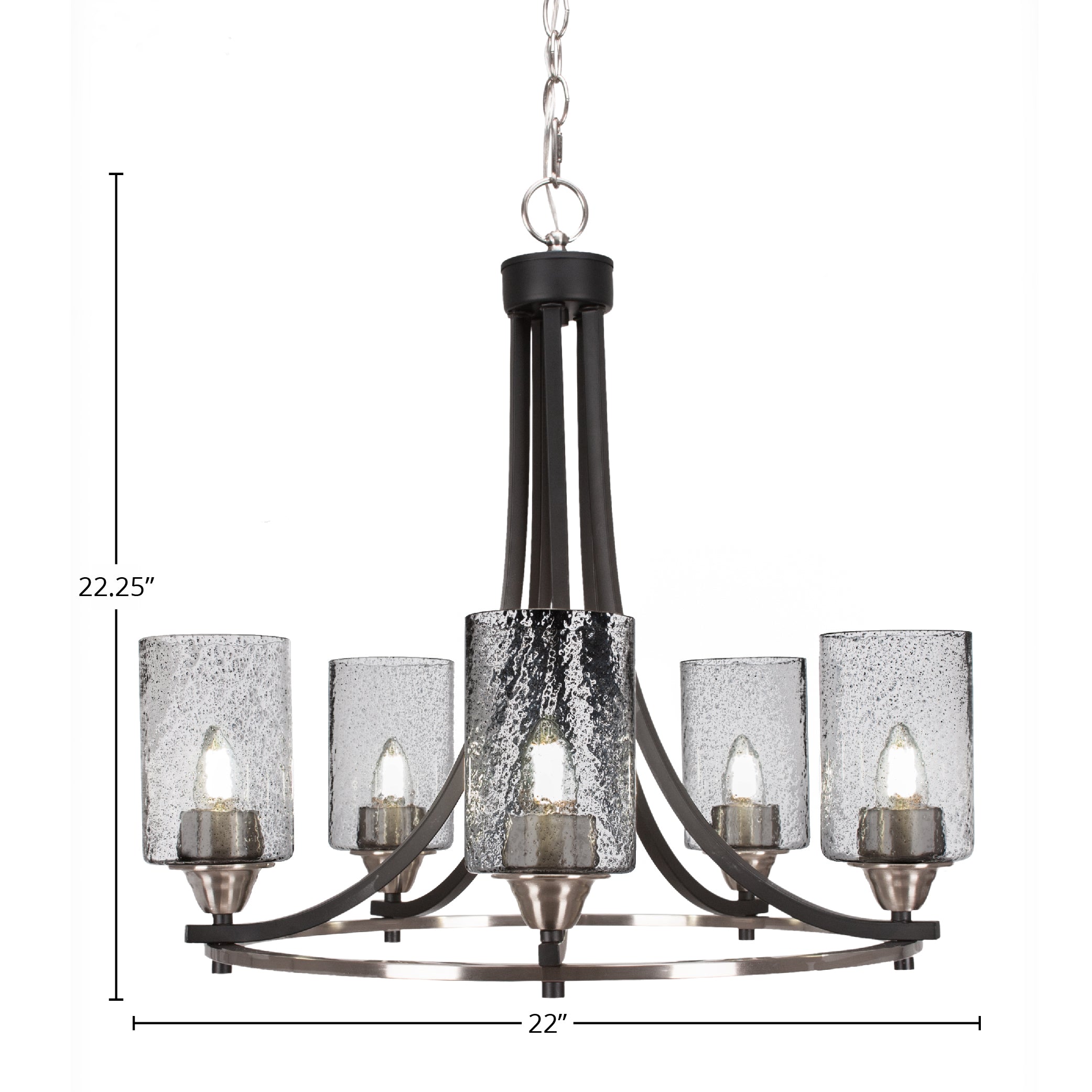 Paramount Five Light Chandelier in Matte Black & Brushed Nickel with 4" Square Clear Bubble Shade
