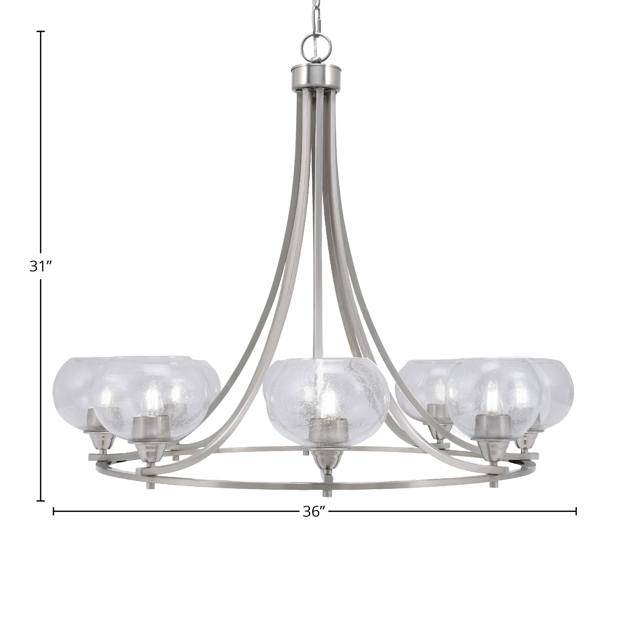 Paramount Eight Light Chandelier in Brushed Nickel with 7" Clear Bubble Shade