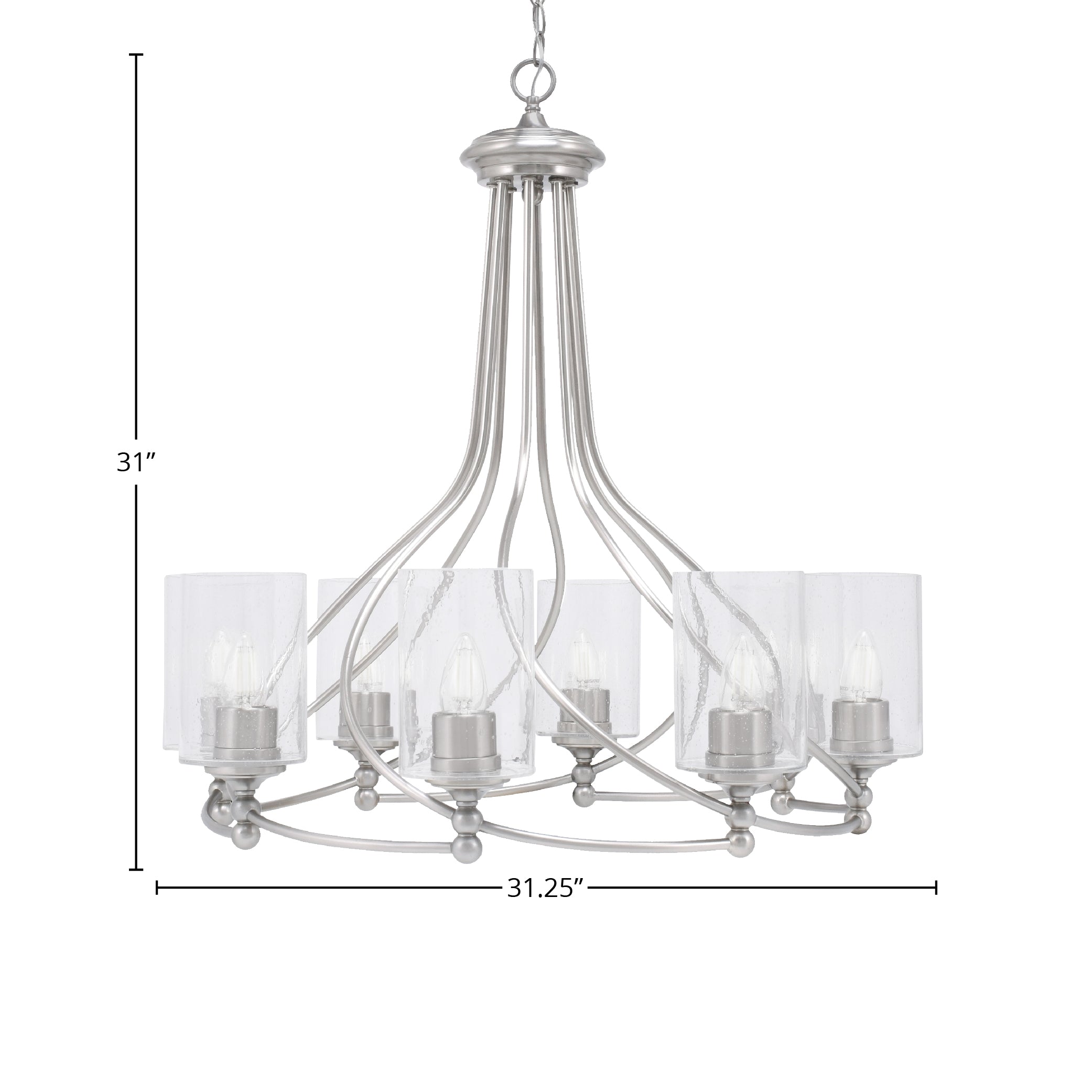 Paramount Eight Light Chandelier in Brushed Nickel with 4" Clear Bubble Shade