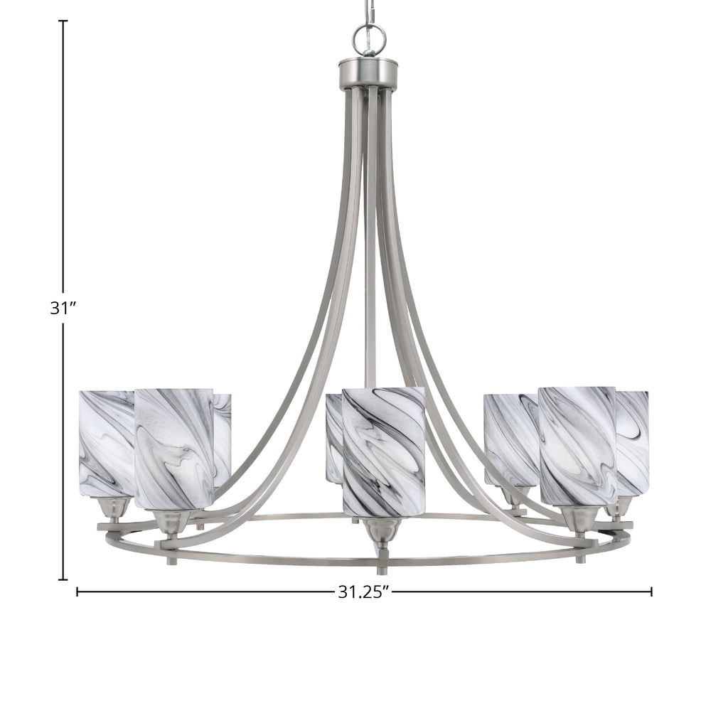 Paramount Eight Light Chandelier in Brushed Nickel with 4" Onyx Swirl Shade