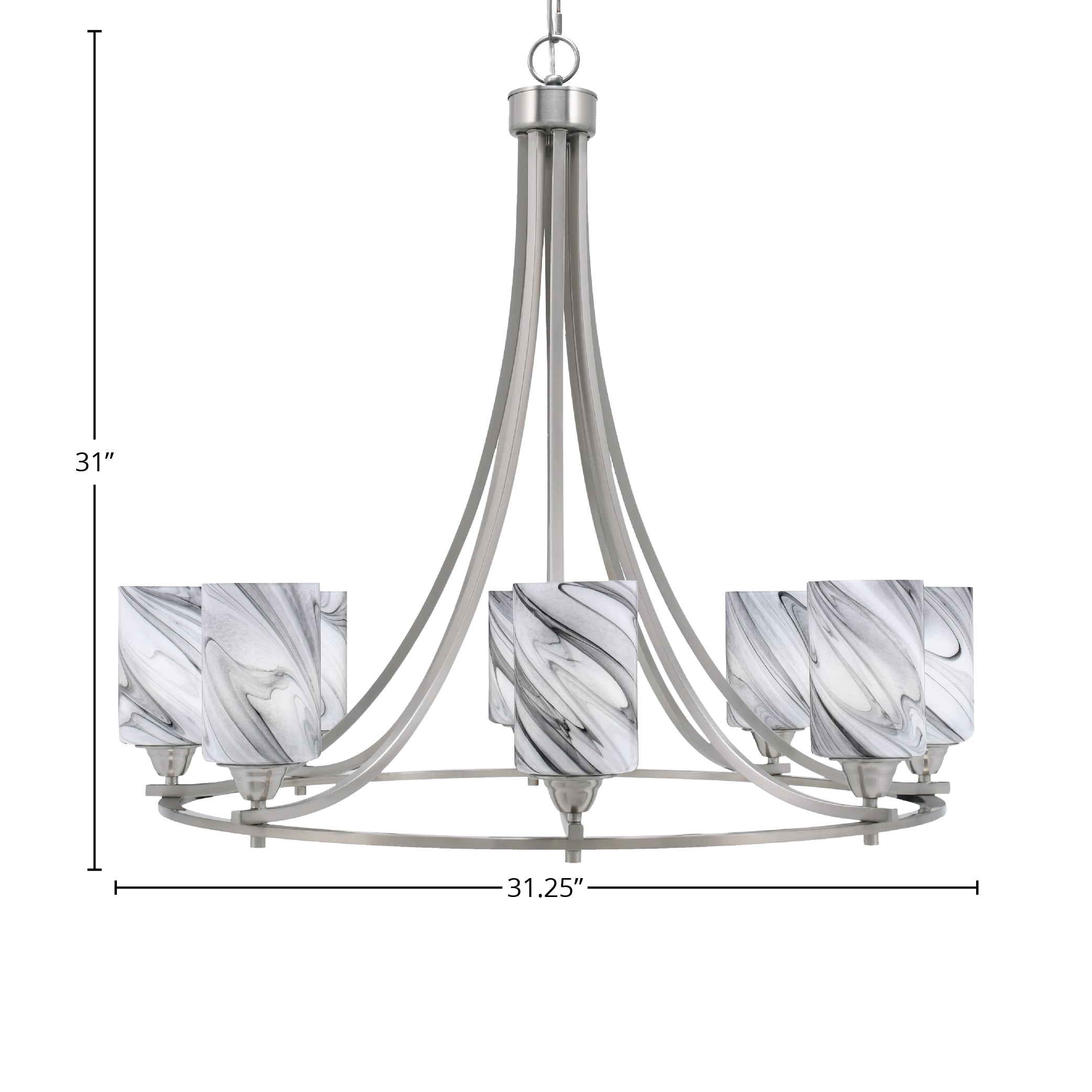 Paramount Eight Light Chandelier in Brushed Nickel with 4" Onyx Swirl Shade