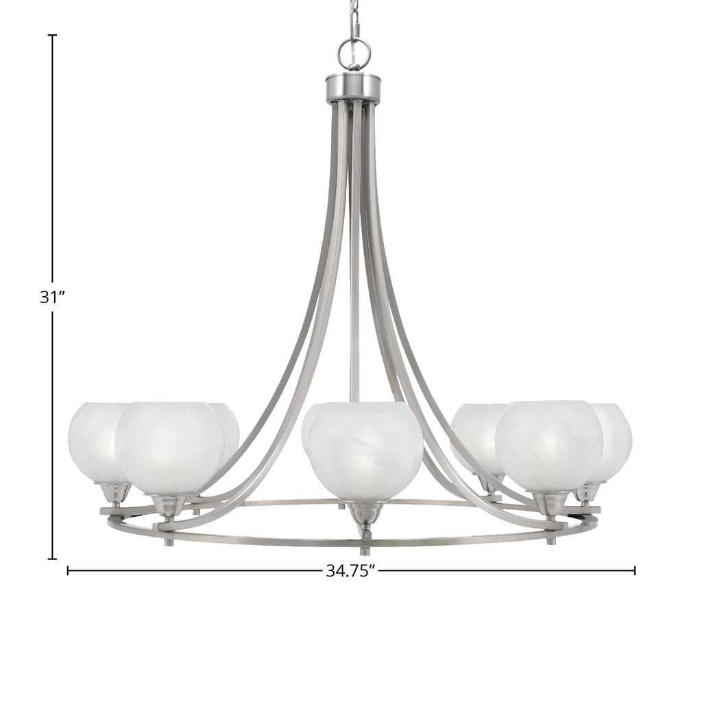Paramount Eight Light Chandelier in Brushed Nickel with 5.75" White Marble Shade