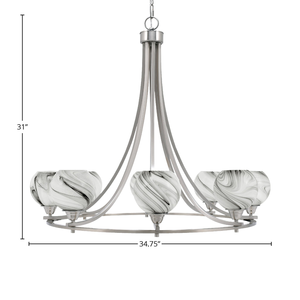 Paramount Eight Light Chandelier in Brushed Nickel with 5.75" Onyx Swirl Shade