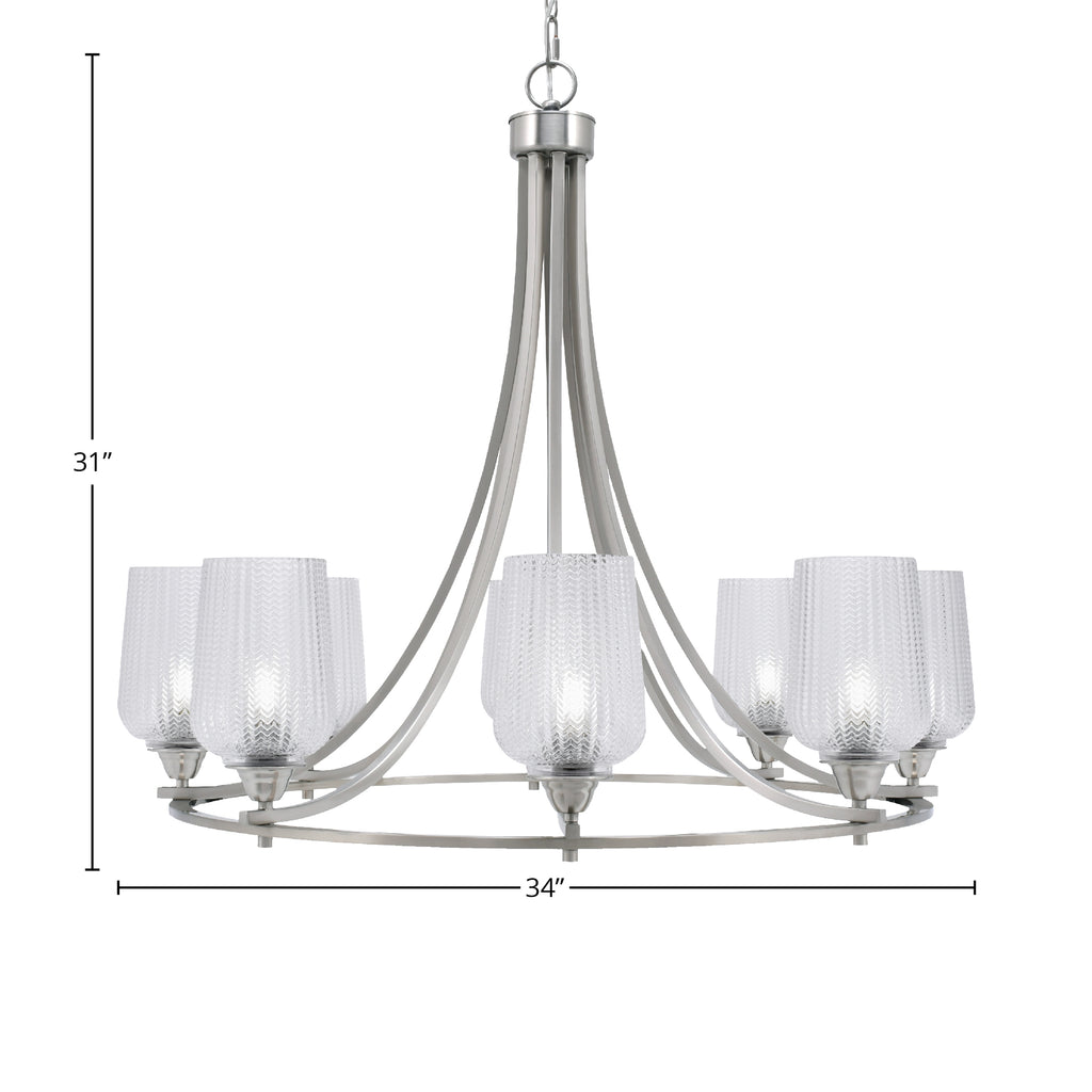 Paramount Eight Light Chandelier in Brushed Nickel with 5" Clear Textured Shade