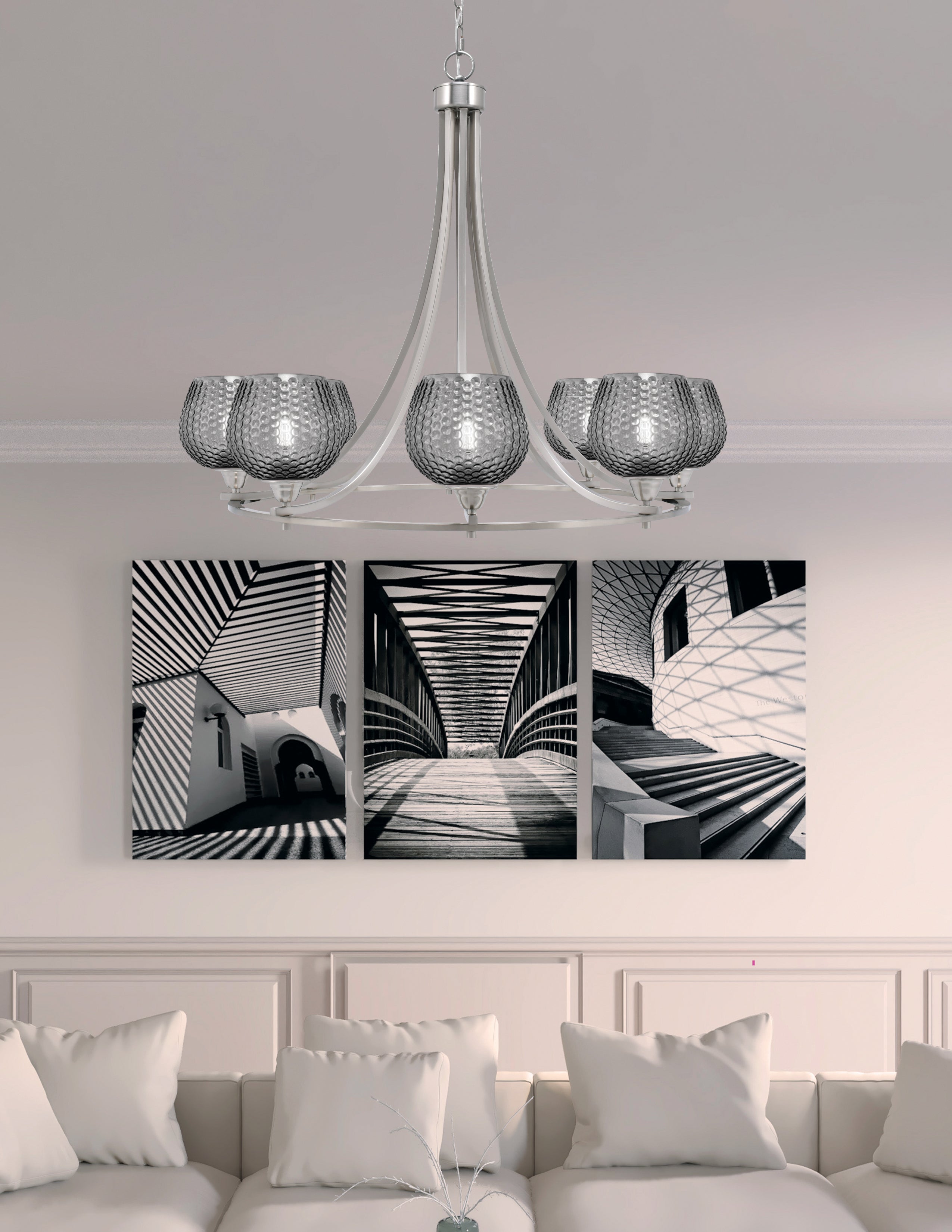 Paramount Eight Light Chandelier in Brushed Nickel with Smoke Textured Shade