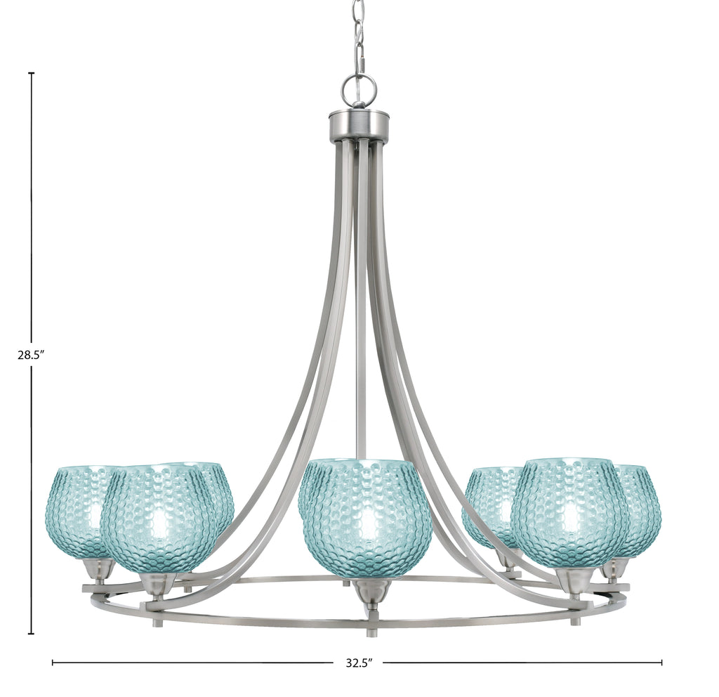 Paramount Eight Light Chandelier in Brushed Nickel with Turquoise Textured Shade