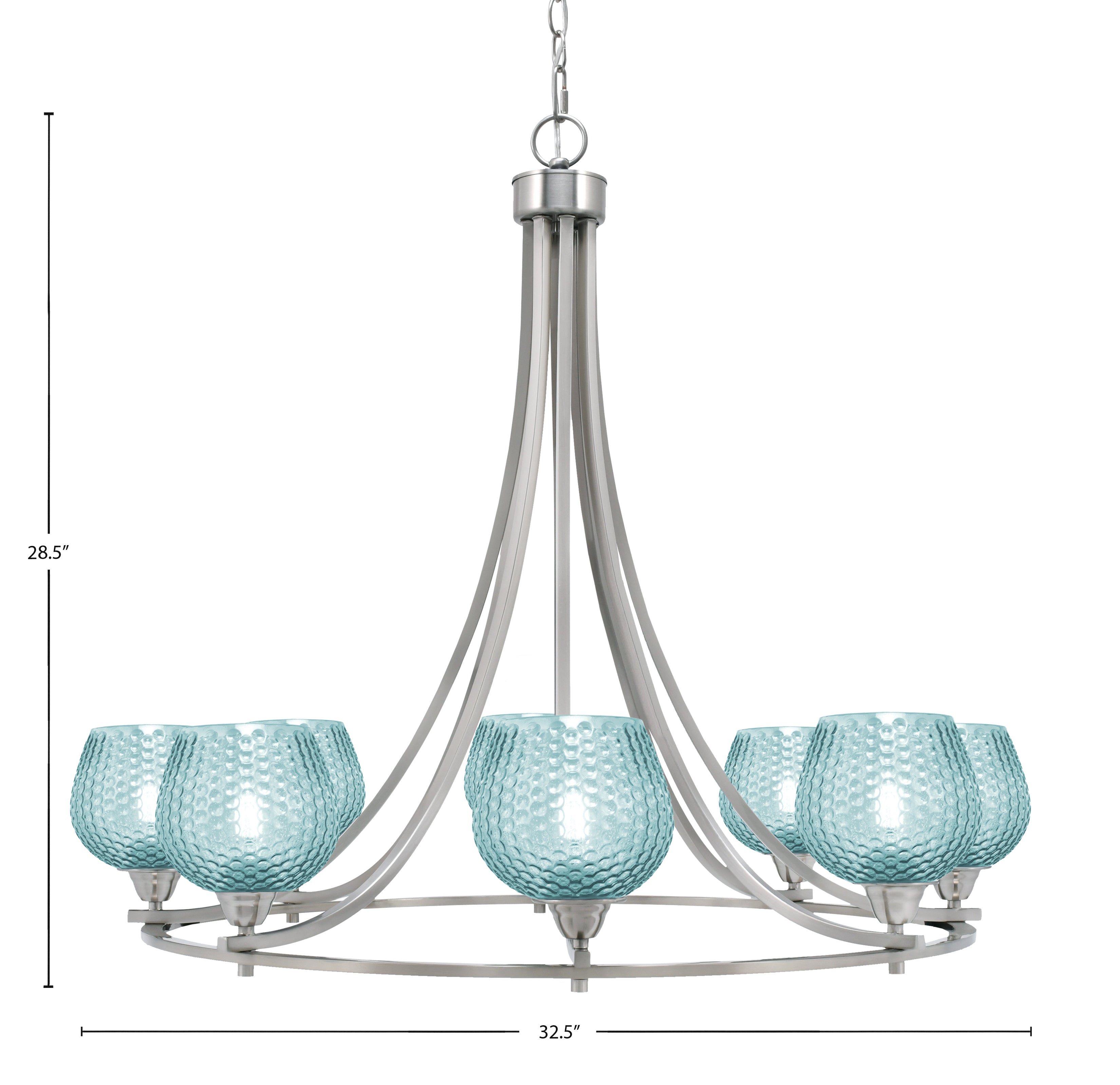 Paramount Eight Light Chandelier in Brushed Nickel with Turquoise Textured Shade