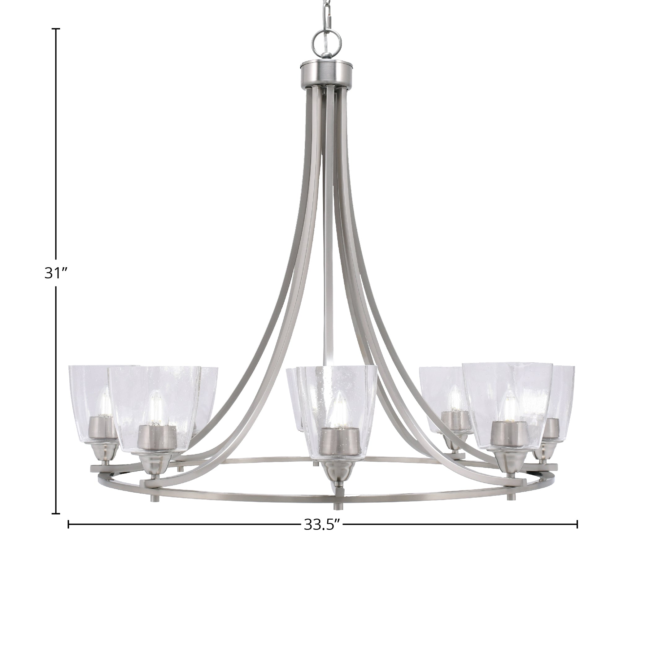 Paramount Eight Light Chandelier in Brushed Nickel with 4.5" Square Clear Bubble Shade