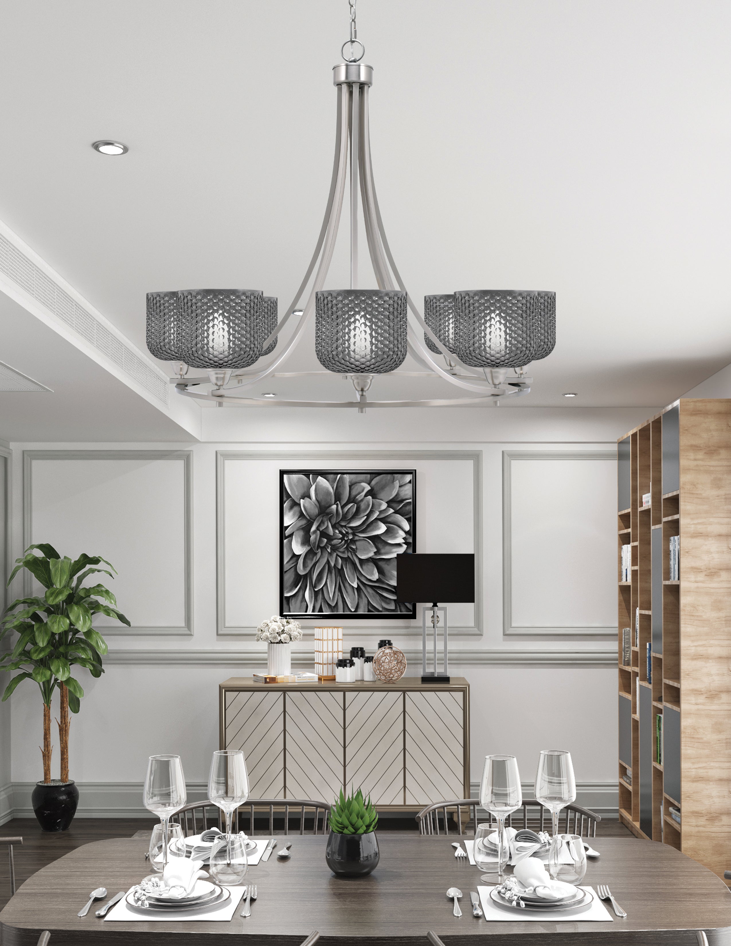 Paramount Eight Light Chandelier in Brushed Nickel with Smoke Textured Shade