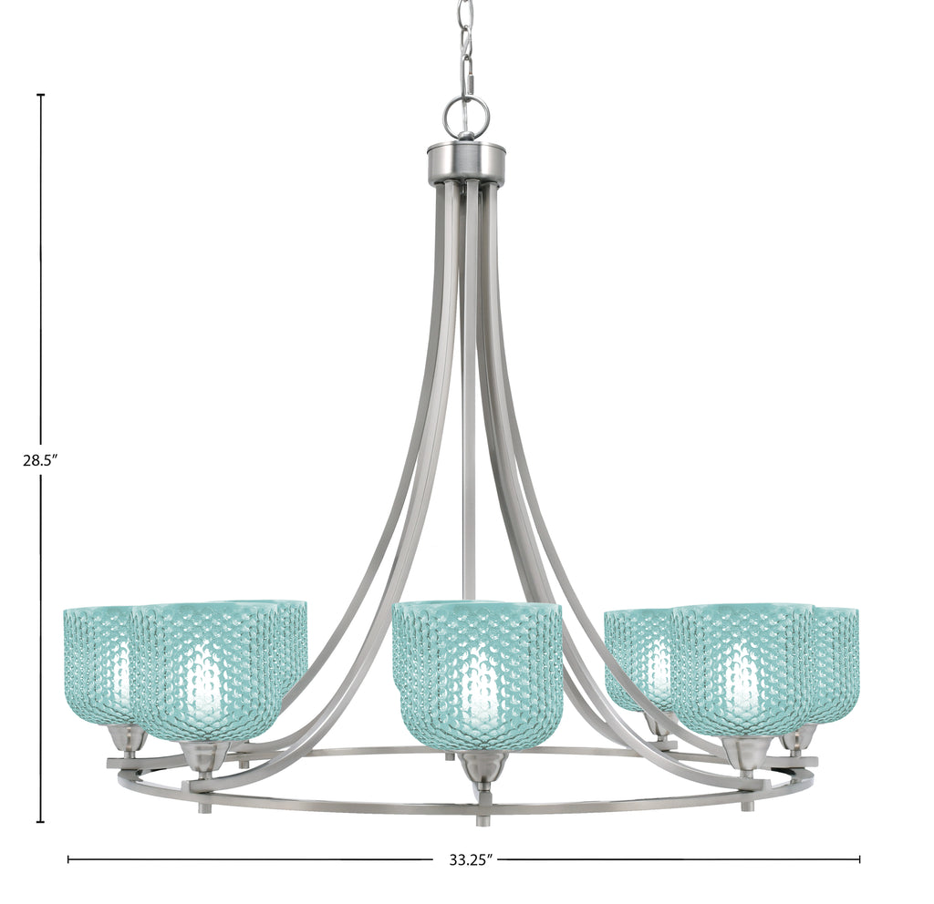 Paramount Eight Light Chandelier in Brushed Nickel with Turquoise Textured Shade