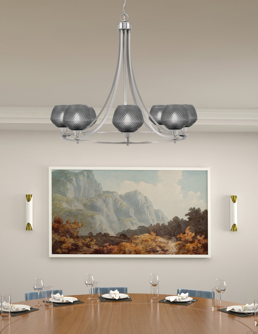 Paramount Eight Light Chandelier in Brushed Nickel with Smoke Textured Shade