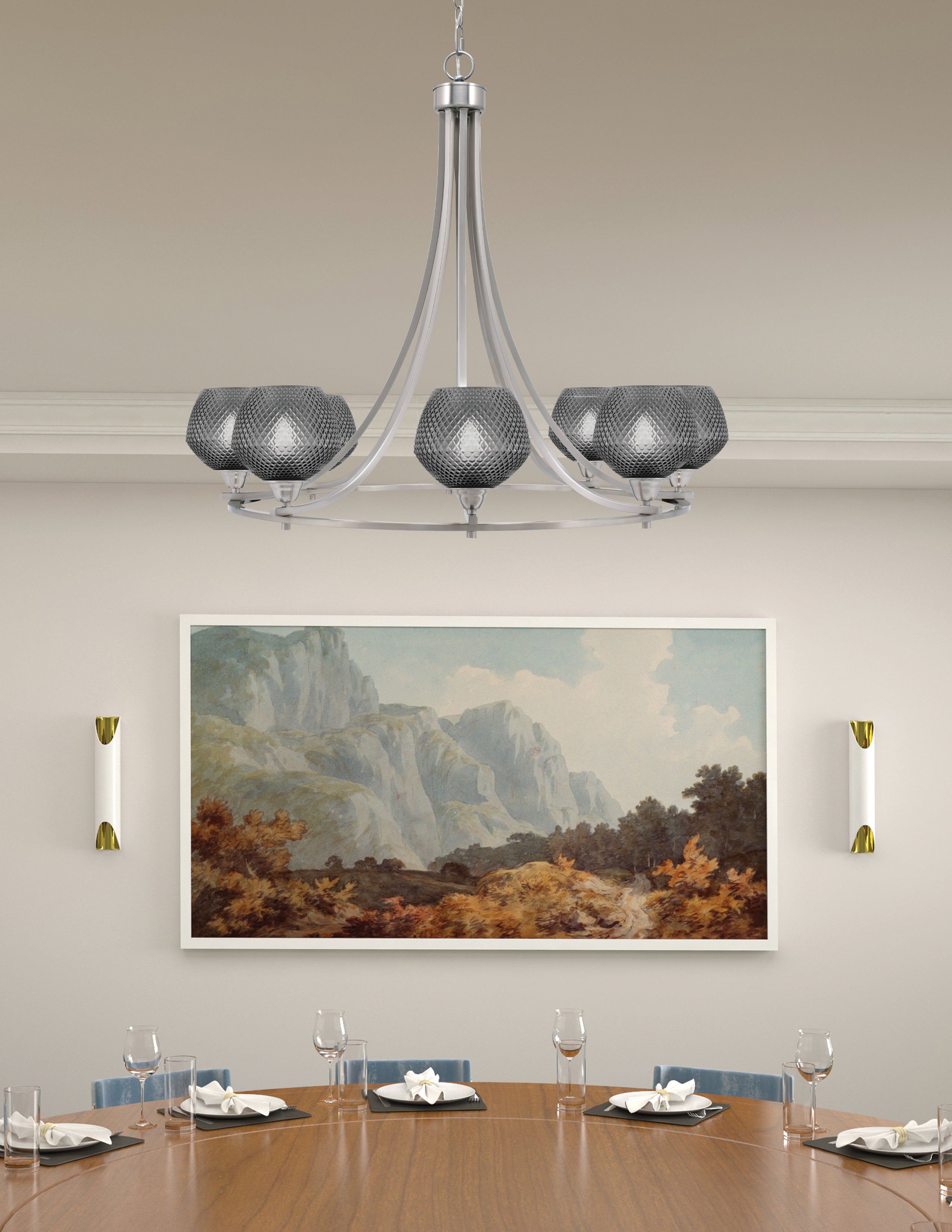 Paramount Eight Light Chandelier in Brushed Nickel with Smoke Textured Shade