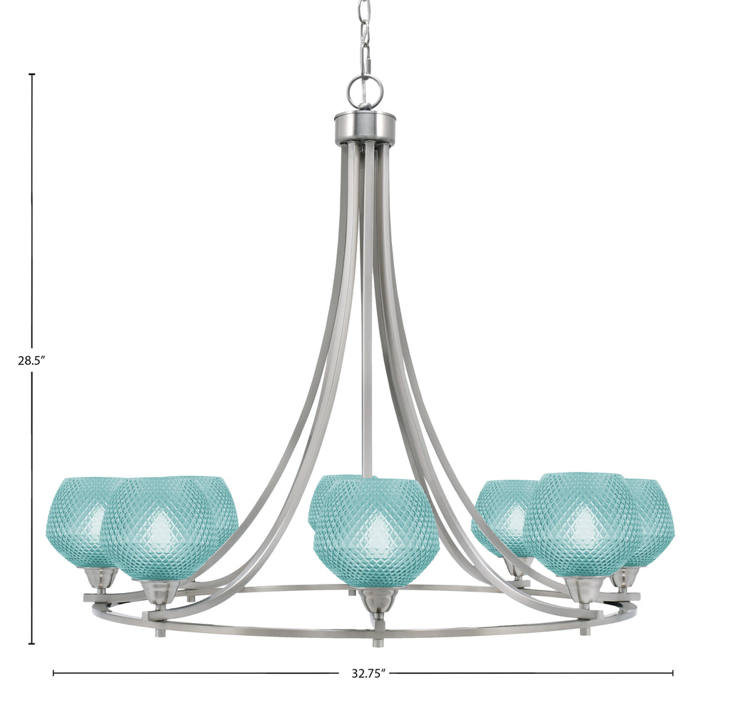 Paramount Eight Light Chandelier in Brushed Nickel with Turquoise Textured Shade