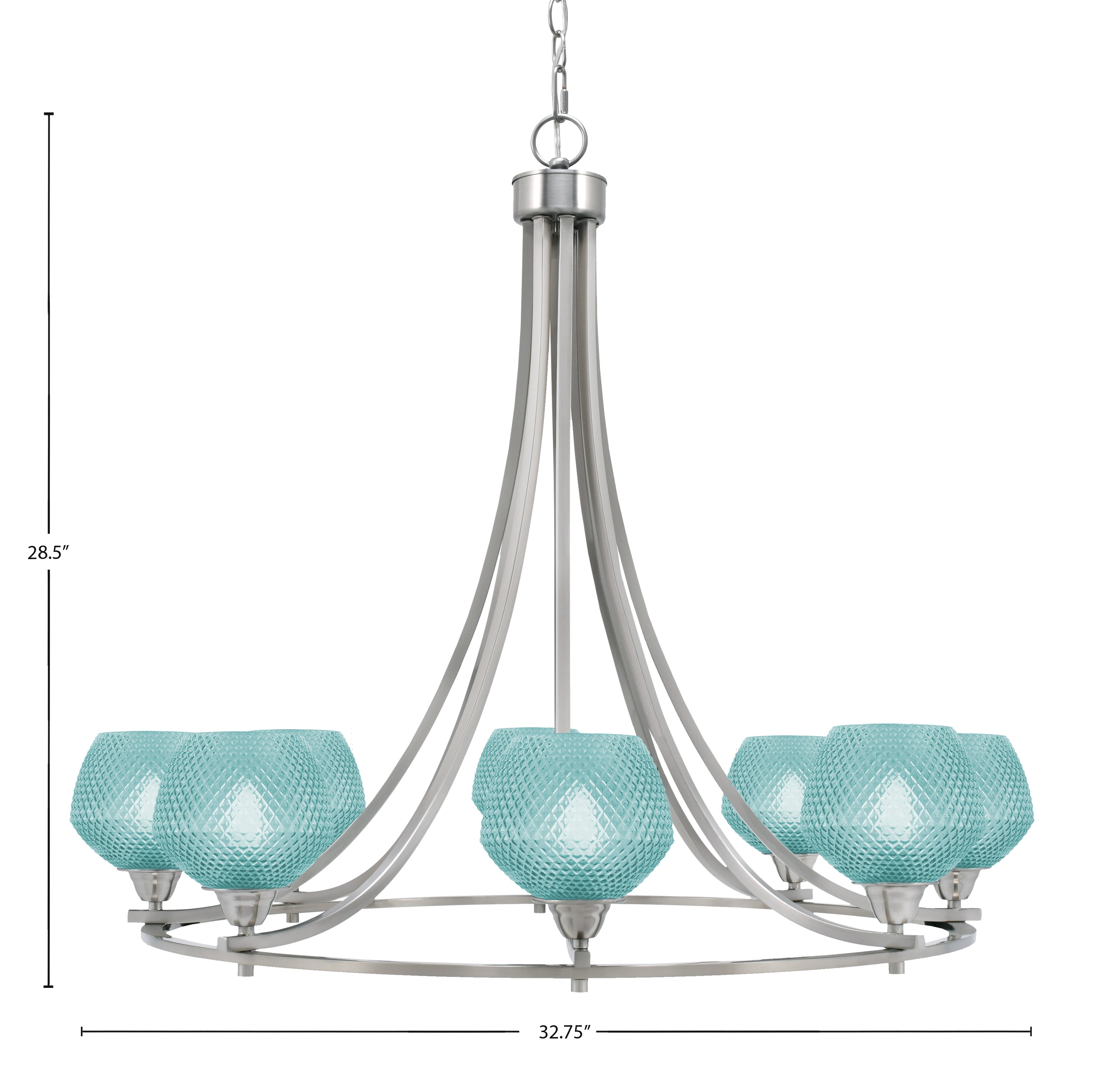 Paramount Eight Light Chandelier in Brushed Nickel with Turquoise Textured Shade